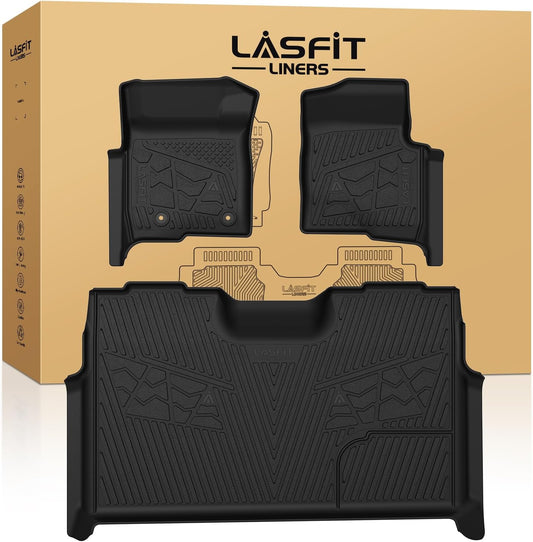 LASFIT Floor Mats for Ford F-150 2011-2014 SuperCrew Carpet Floor Front Row w/Flow-Through Console All Weather Protector TPE Truck Liners, 1st & 2nd Row, 3pcs Black