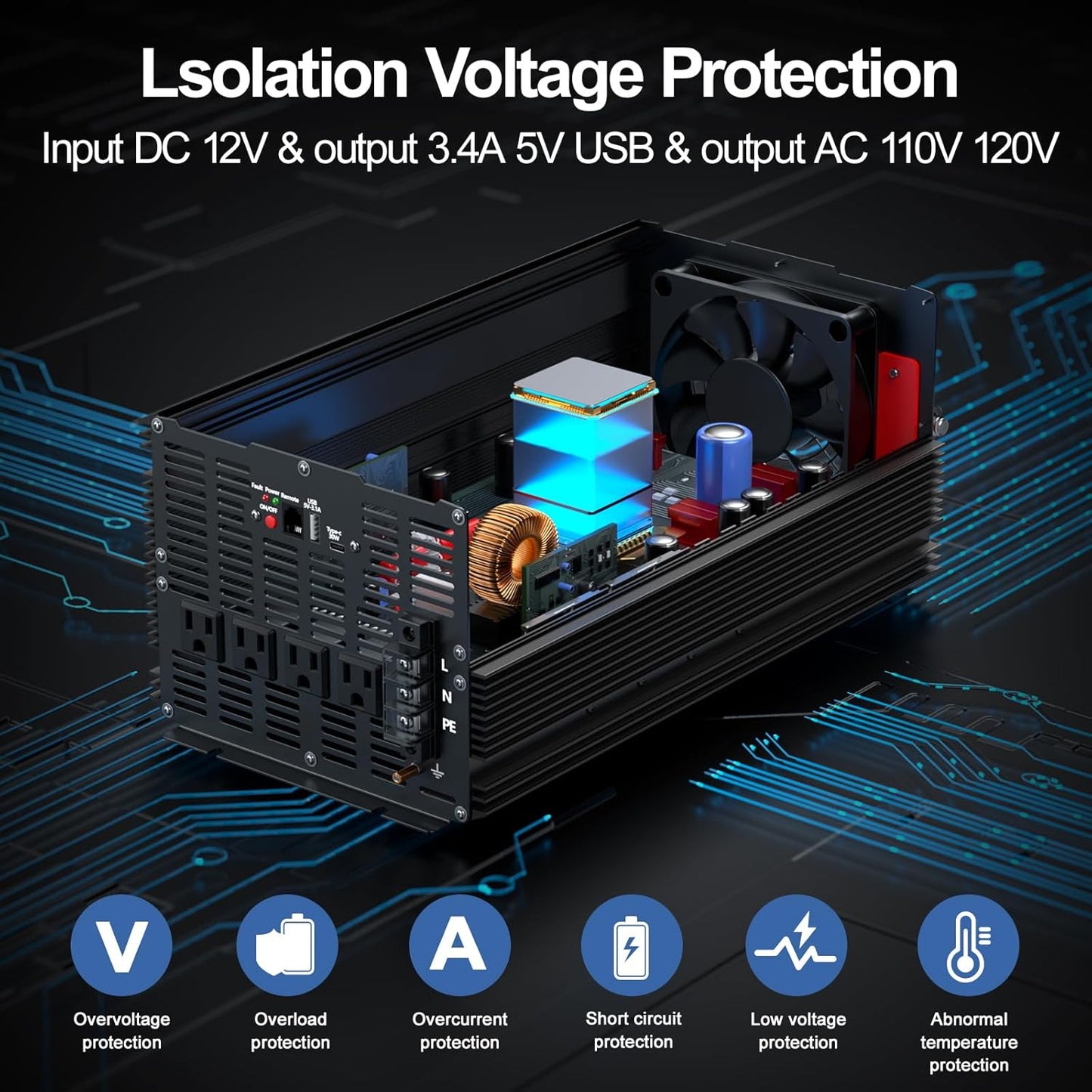 5600W Power Inverter,Peak Power 11200W 12V DC to AC 110120V,Remote Control with 4AC Outlets and3.1USB Port,LCDDisplay for Outdoor Activities,Emergency