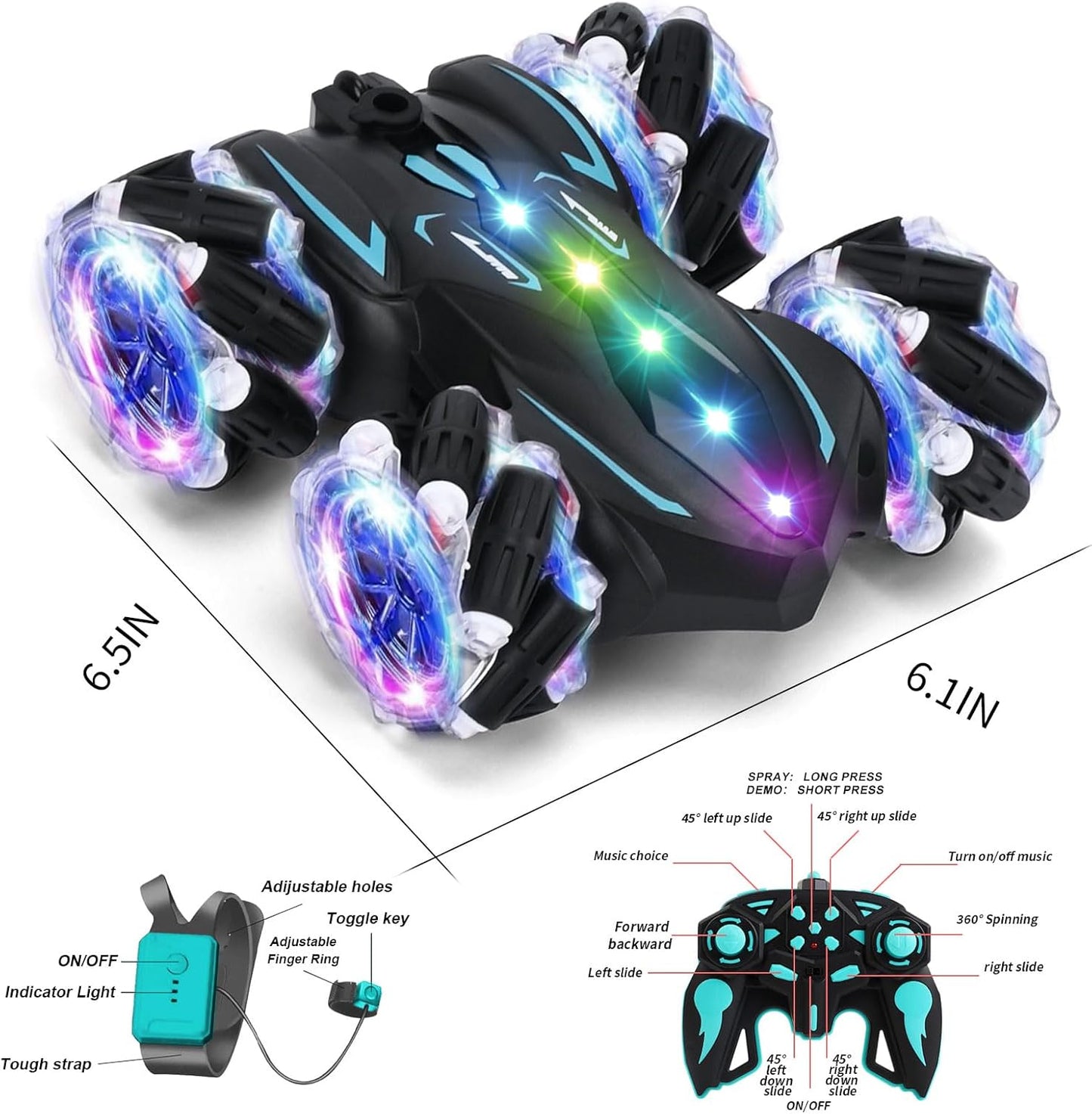 Upgraged Gesture Sensing RC Stunt Car with Lights & Music, Hand Gesture Remote Control car Toy with 360° Spins Gesture RC Spray Car Birthday Toys Gifts for 6 7 8 9 10 Year Old Boys