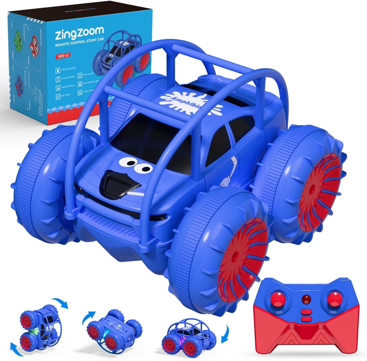 Remote Control Car, Fast Direct Charging RC Cars Amphibious 360° Rotating LED Rechargeable Stunt Car 2.4Ghz 4WD All Terrain RC Race Cars Toy Christmas Birthday Gift for Kids Boys Girls Aged 3-12 years