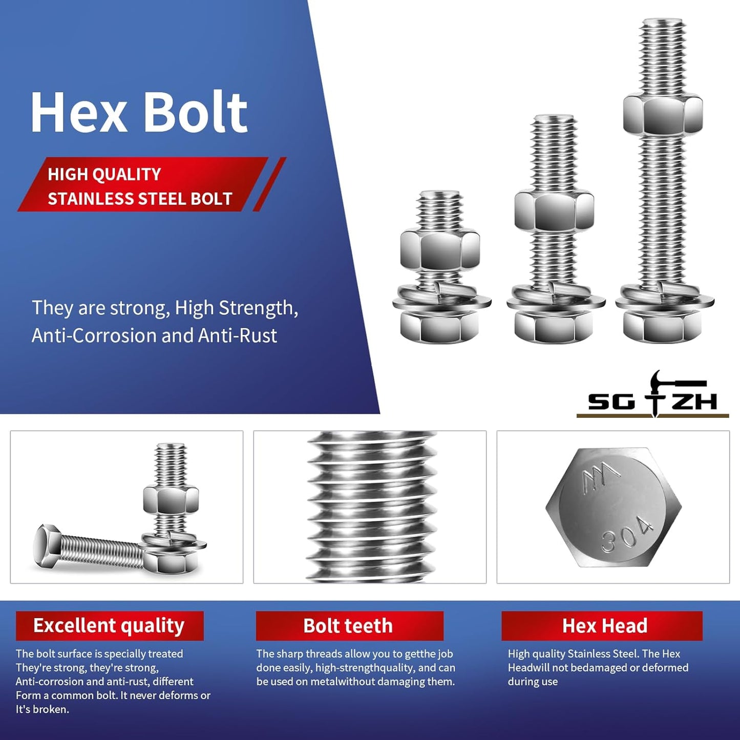 1/4-20 x 3/4" Hex Head Screw Bolt, Nuts, Flat & Lock Washers, 10Pcs 18-8 (304) Stainless Steel, Fully Threaded, by SG TZH