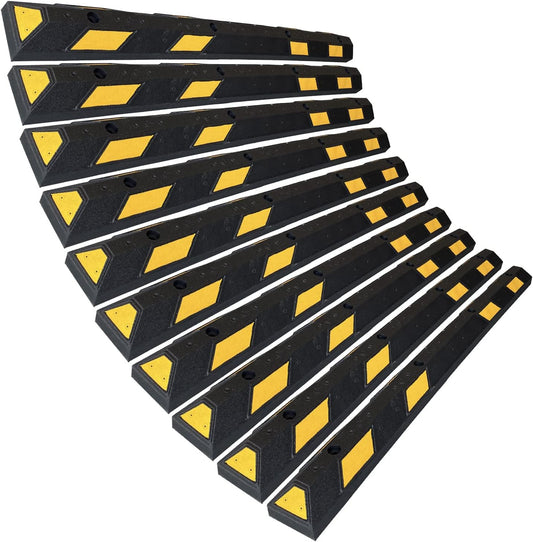 SmartSign Rubber Parking Curb, (Pack of 10) Heavy Duty Parking Stops with Yellow Reflective Stripe Chevrons, 72" Long (6ft), Wheel Stops for Parking Lots/Garage/Cars/Trucks, Pre-Drilled Holes