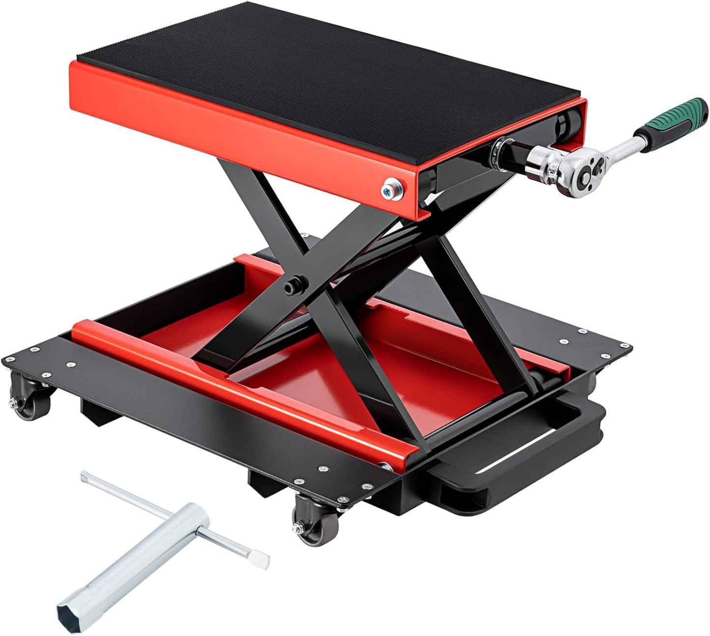 CXRCY1200 LBS Motorcycle Jack with Dolly, Motorcycle Lift Scissor Jack Upgraded Dirt Bike ATV Steel Motorcycle Hoist Stand with Ratchet Wrench,Crank Handle,Thickened Rubber Pad,Wide Deck