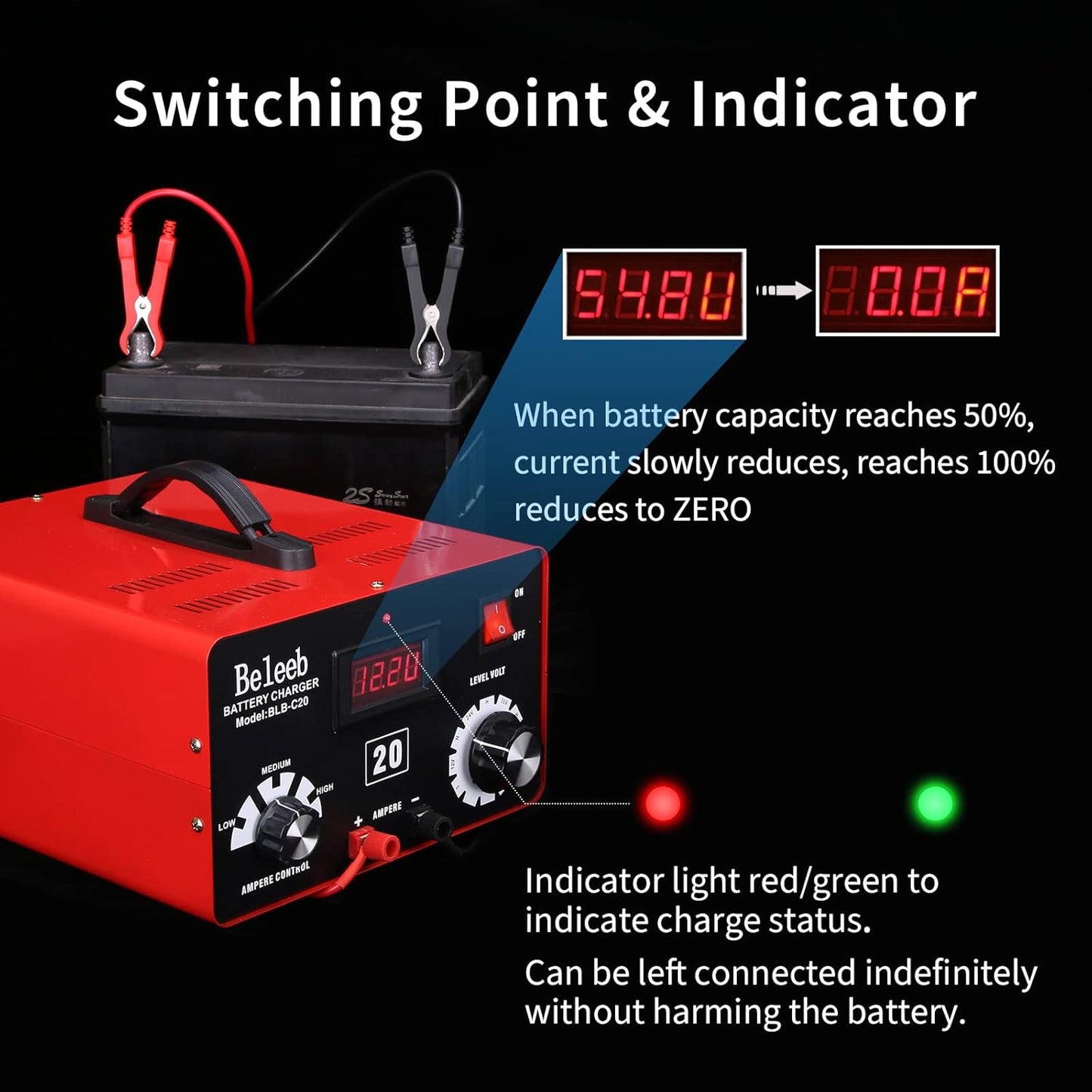C20 Adjustable Battery Charger 12V 24V 36V 48V, 12A Pulses of High-Voltage Battery Desulfator Maintainer with Smart Chip for Lead-Acid LiFePO4 Lithium Batteries BLB-C20