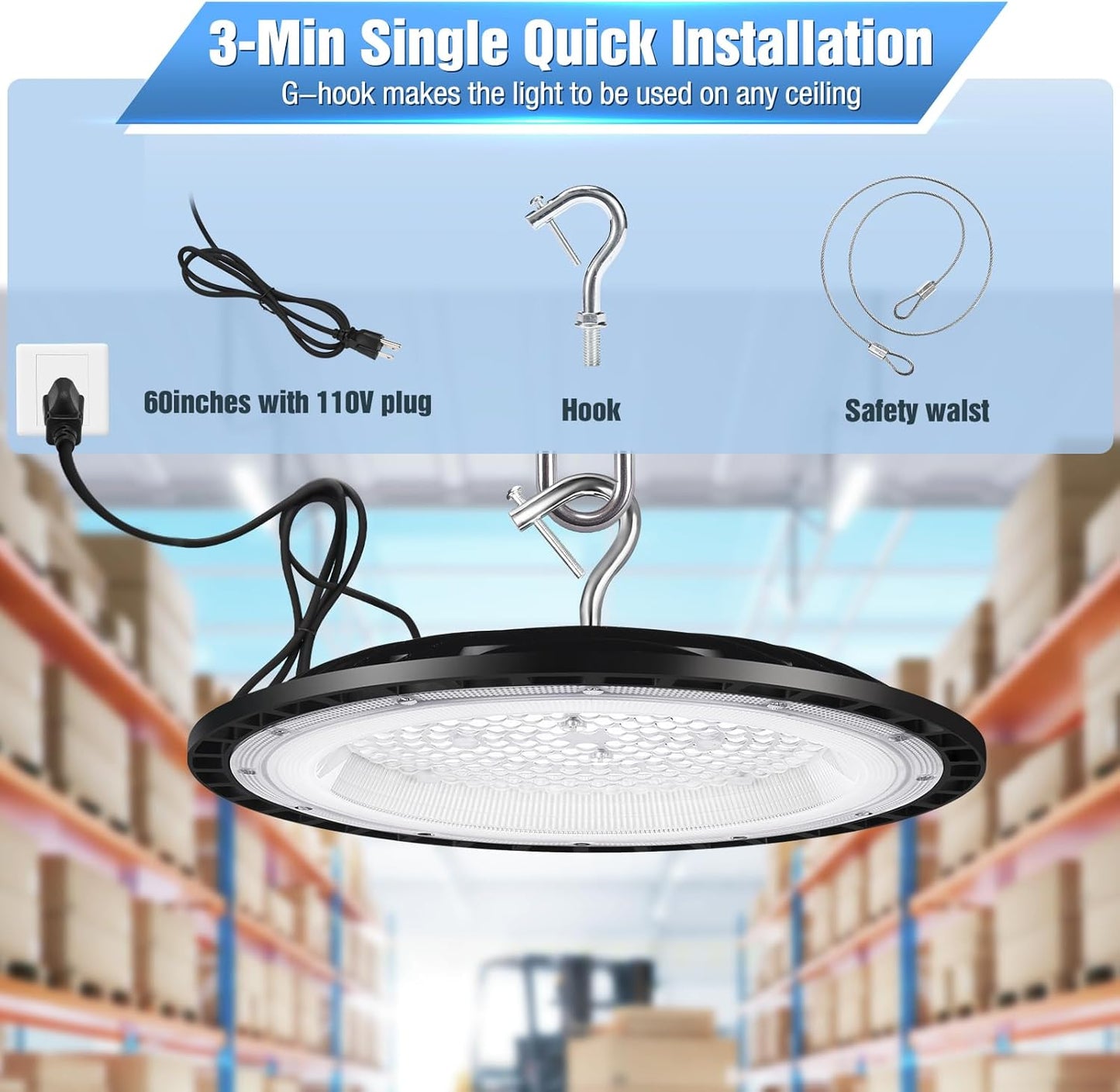 4 Pack 300W UFO Led High Bay Light Fixture,120VAC,5000K Daylight Commercial Shop Bay Lighting,45000LM,[1300W MH/HPS Equiv.] US Plug Area Lighting for Warehouse/Barn/Gym/Factory/Workshop/Garage