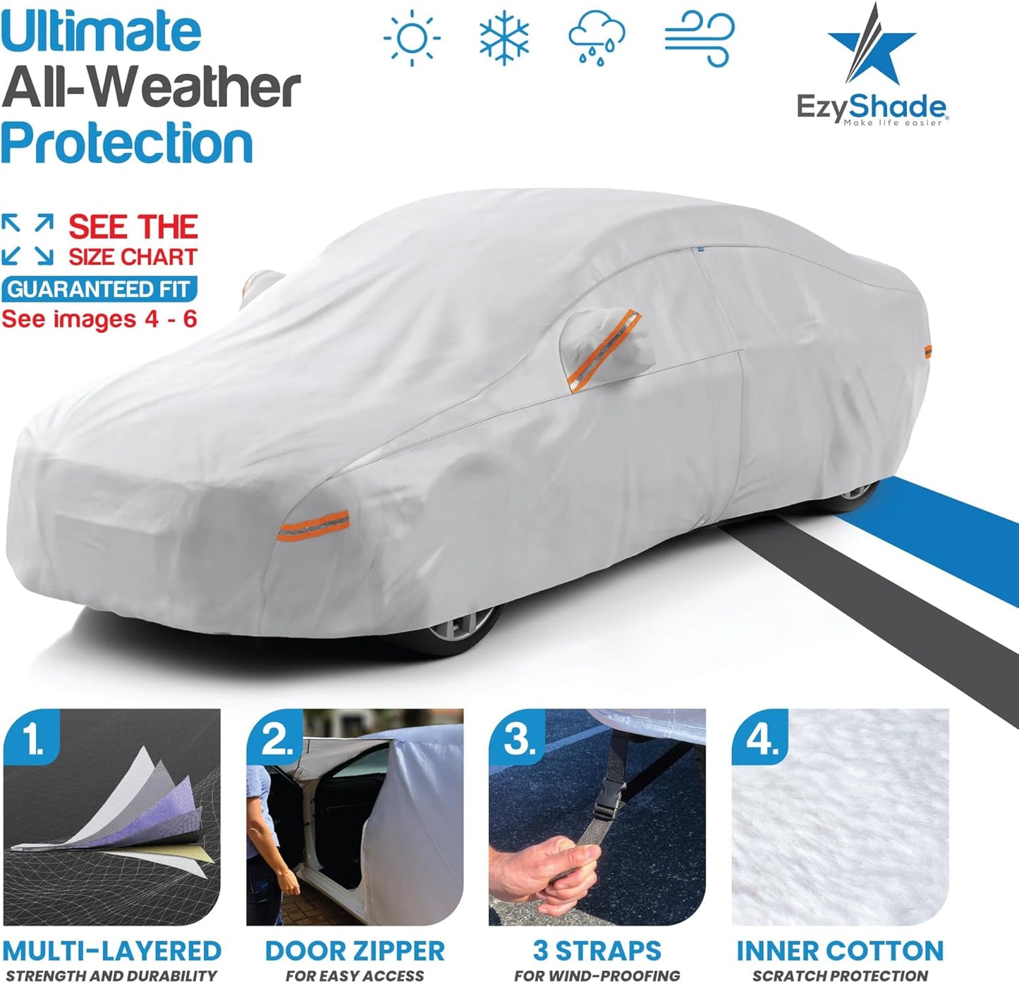EzyShade 10-Layer Car Cover Waterproof All Weather. See Vehicle Size-Chart for Accurate Fit. Outdoor Full Exterior Covers for Automobiles Sedan Hatch SUV Rain Sun Protection. Size A2 (See SizeChart)