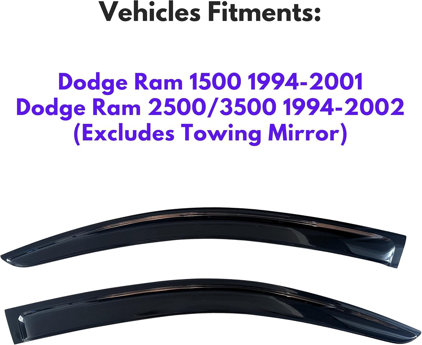 KPY Window Visor Compatible with Dodge Ram 1500 1994-2001 & Dodge Ram 2500/3500 1994-2002 (Excludes Towing Mirror), Rain Guard Side Window Vent Deflectors Tape-On Style, 1995 1996 1997 1998 1999 2000