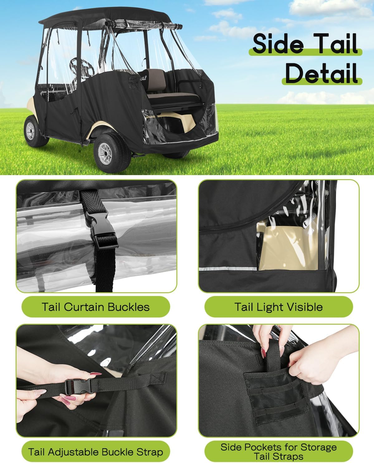 Golf Cart Enclosure 4 Passenger for Club Car DS 2+2 Enclosure Waterproof Windproof Driving Rain Cover Fit 4-Seater Short Roof with 4-Sided Clear Windows Mirror Zipper Roll-up Door Black