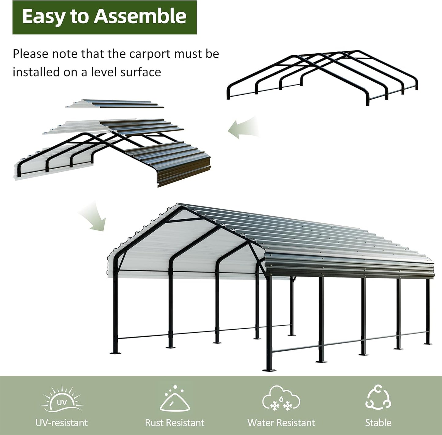 JAMFLY Carport, 12X20 FT Metal Carports, Heavy Duty Carport Canopy with Galvanized Steel Roof and Frame, Metal Car Garage Upgraded Extra Large Garage for Pickup, Boat, Car and Tractors