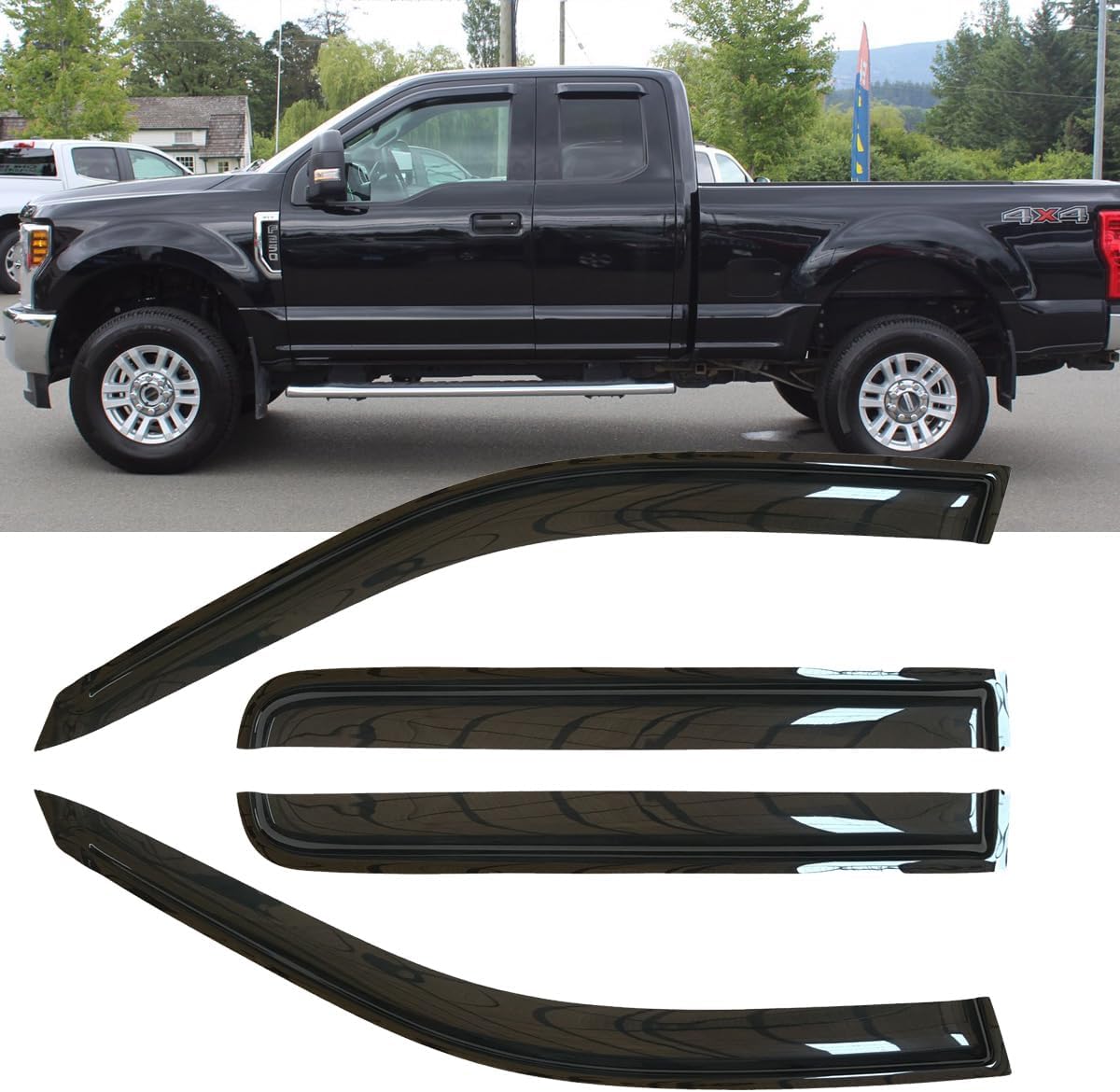 4pcs Original Shatterproof Outside Mount Style Side Window Visor Deflector Rain Guard Vent Window Visors for 97-03 F-150 97-99 F-250 Light Duty Super/Extended Cab with 2 Half Rear 94808