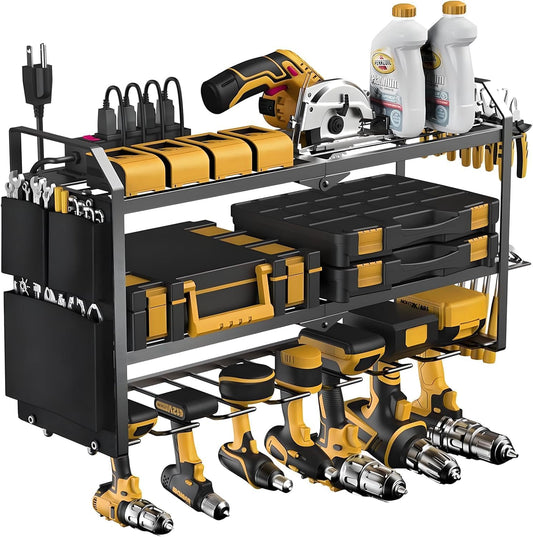 Power Tool Organizer with Charging Station: 7 Cordless Drills Holder Wall Mount Power Tool Shelf Storage Systems with 4 Outlet Power Strip, Electric Tool Storage Rack for Garage Organization/Workshop