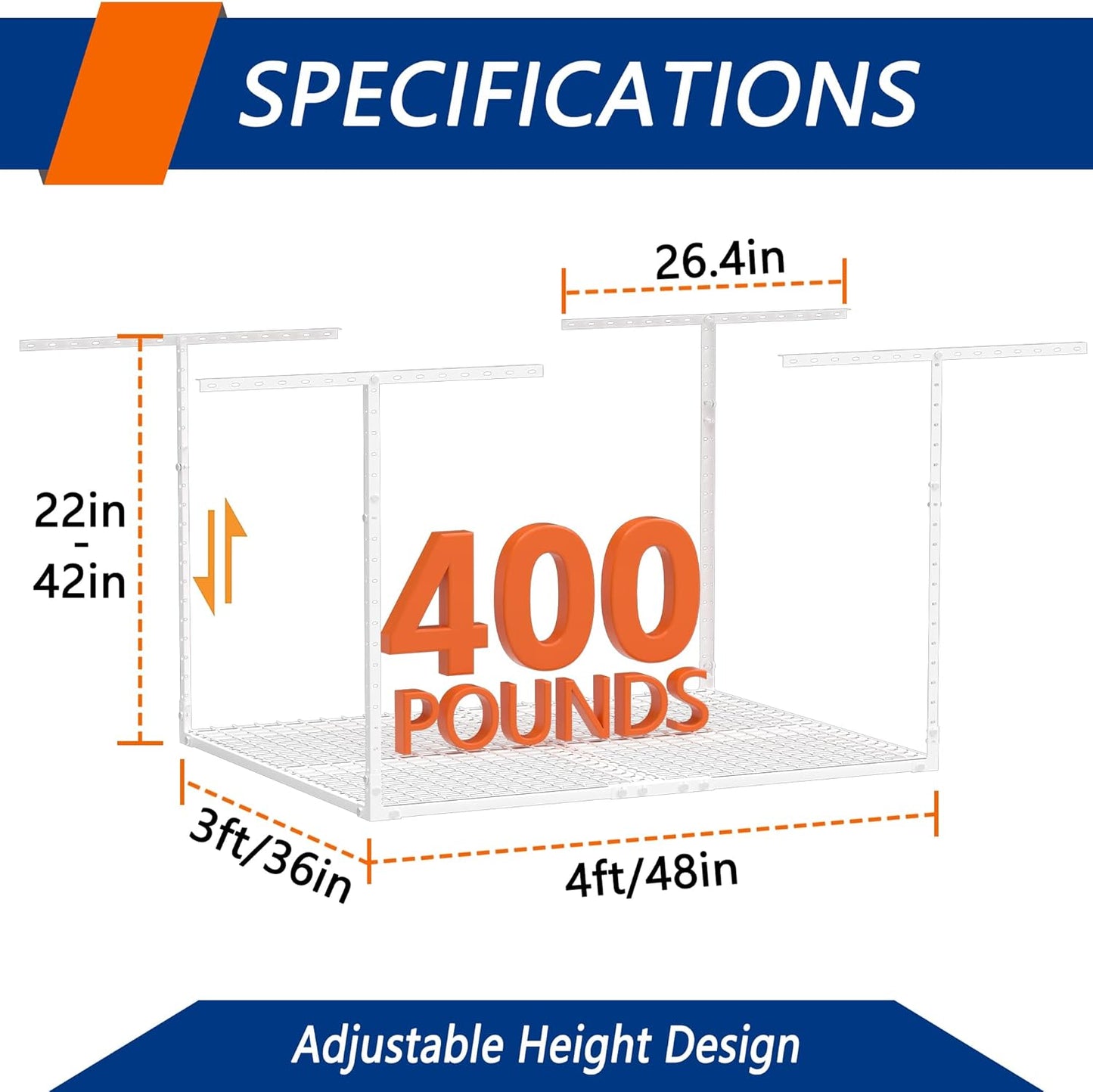 3 x 4FT Overhead Garage Storage Rack,Adjustable Ceiling Storage Racks,Garage Shelving Heavy Duty Storage Organizer System,400lbs Weight Capacity(White)