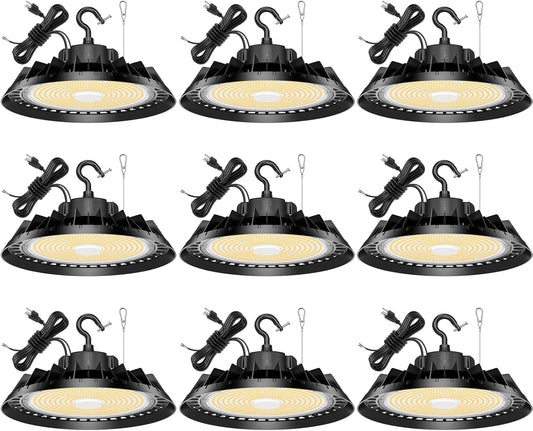 9Pack LED High Bay Lights, Super Bright 240W UFO High Bay LED Shop Lights, 36000LM 5000K, 0-10V Dimmable, 5' Cable Plug, IP65 Waterproof, ETL Listed Plug & Play Lighting for Gym Factory Warehouse