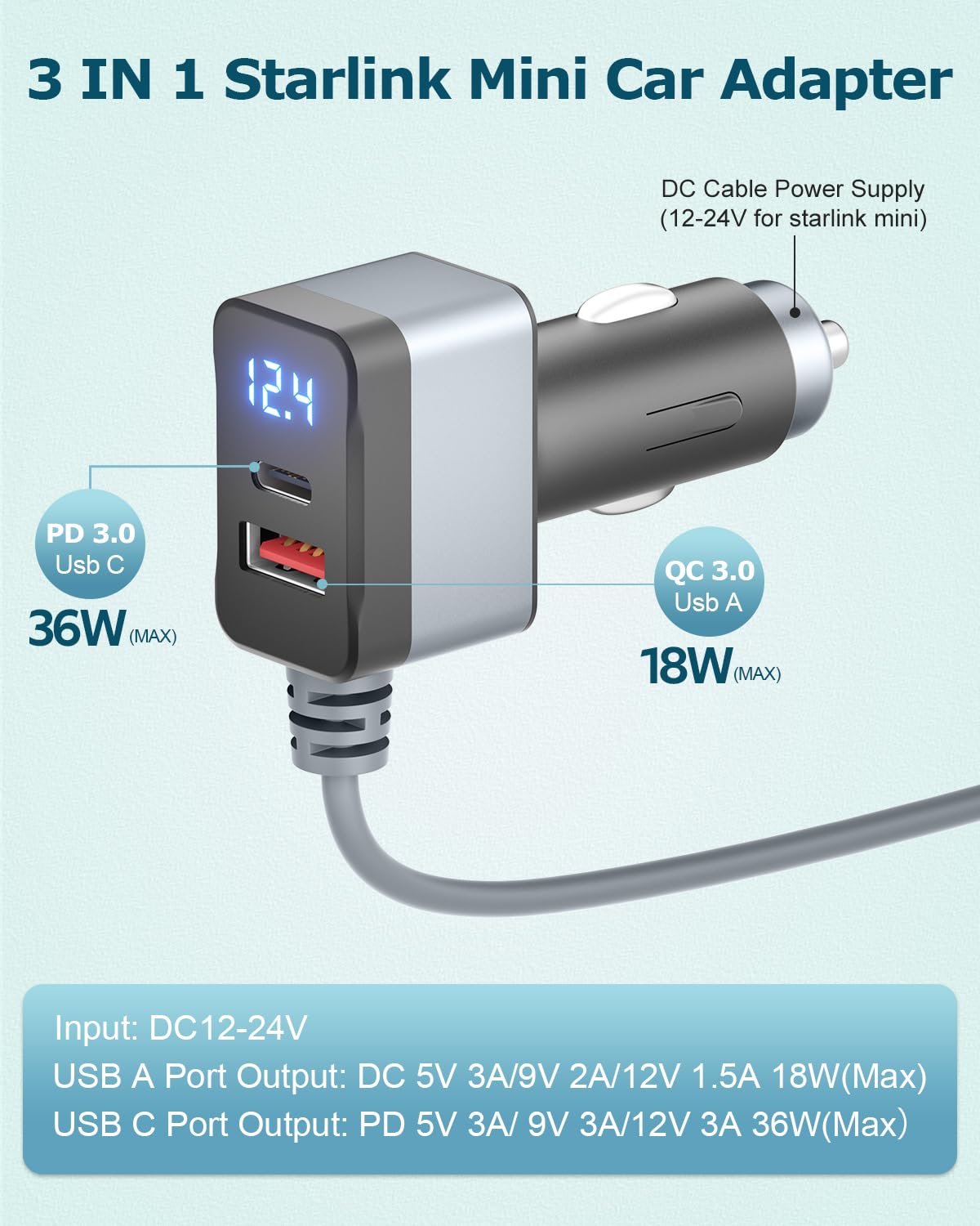 3 in 1 Starlink Mini Cable 12V Adapter 10FT Car Charger for Starlink Mini Power Cable Cigarette Lighter Adapter DC 12V-24V with Digital Display, Durable USB C PD 36W and USB A 18W Port Gray 18AWG 3M