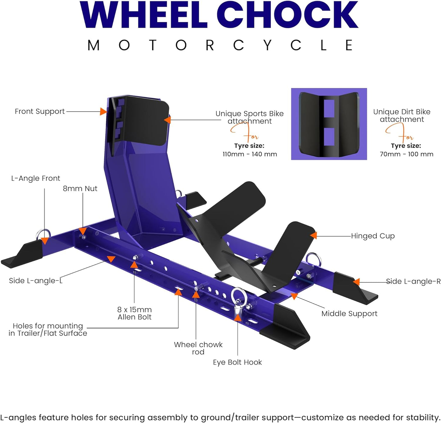 GRAND PITSTOP Universal Wheel Chock for Motorcycle Stand for Trailer Completely Adjustable Detachable Foldable Wheel Chock (Blue)