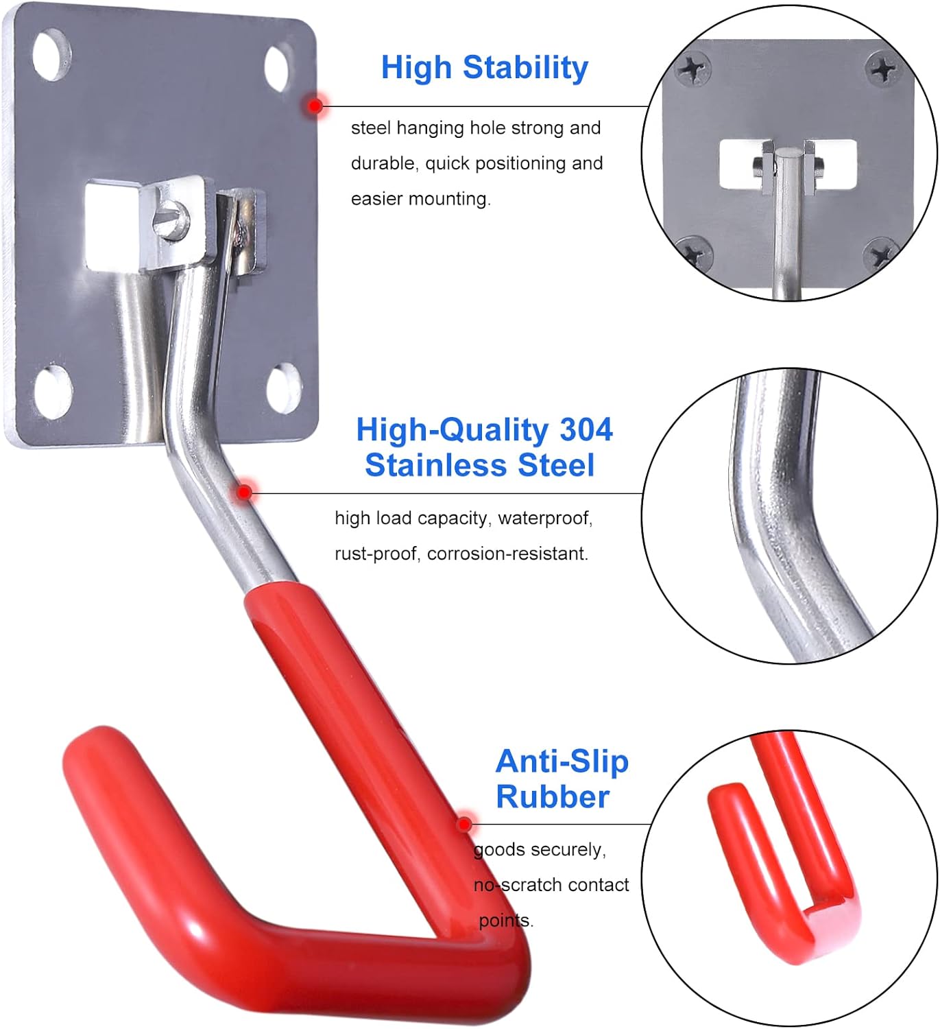 HAISHINE Stainless Steel Heavy-Duty Adjustable Wall Storage Hooks with Anti-Slip Coating for Chainsaws, Bicycle, Garden Tools (Screws and Dowels Included)