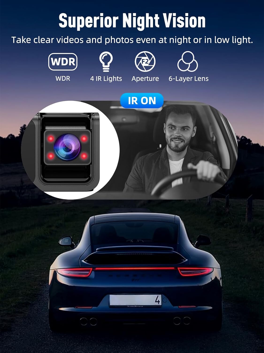 3 Channel 5G WiFi Dash Cam, 4K+1080P+1080P Dash Cam Front and Rear Inside with 64GB Card, 3.16” IPS Screen, G-Sensor, Loop Recording, Parking Monitor, 170° Wide Angle, IR Night Vision, WDR, Black