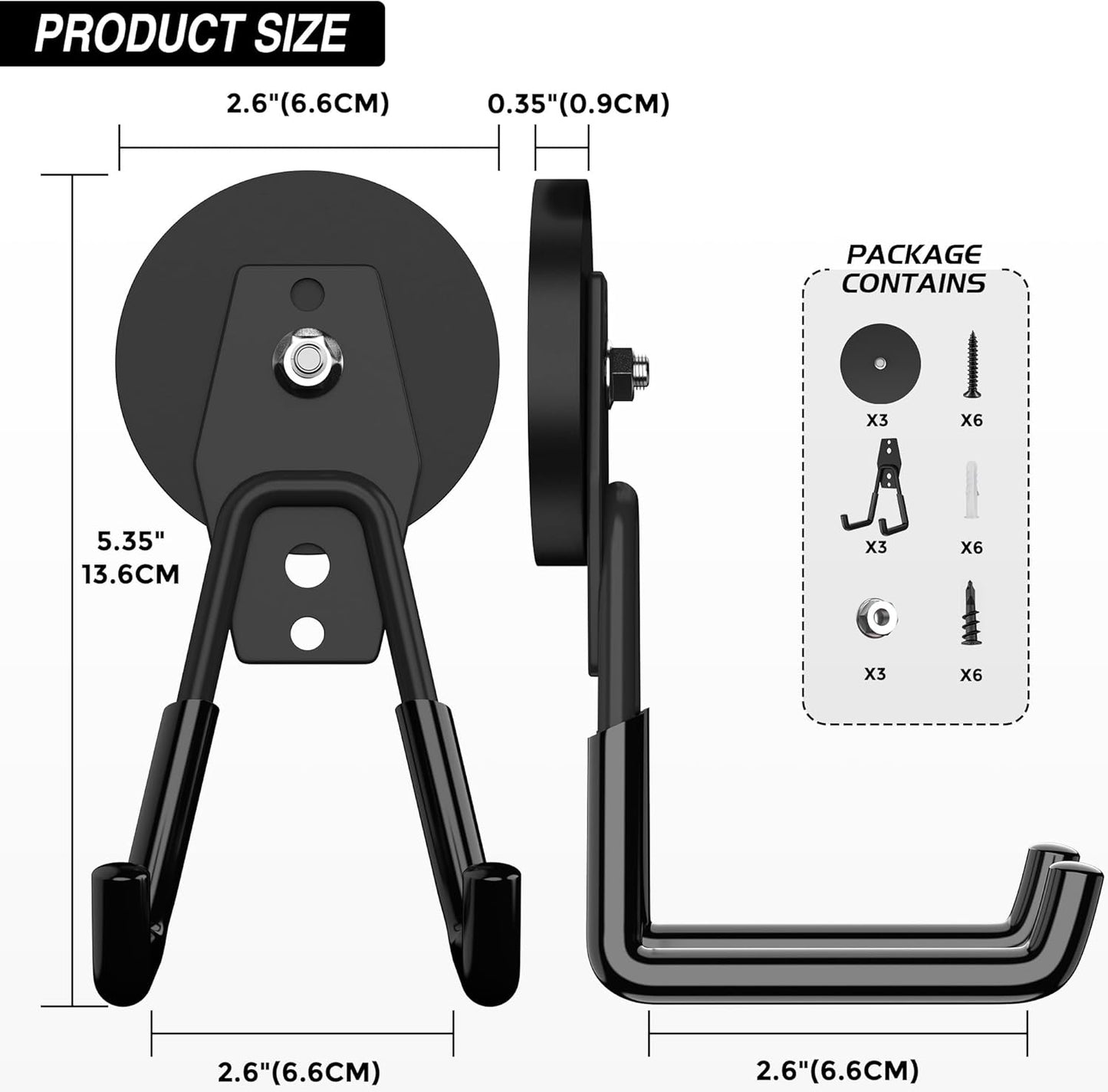 3Pcs Heavy Duty Storage Magnetic Utility Hooks Large Garage Strong Extra Magnet Hooks Hanger with Anti-Slip Coating Heavy Duty Magnetic Hooks for Hanging Power Dril Garage Garden Tools Black
