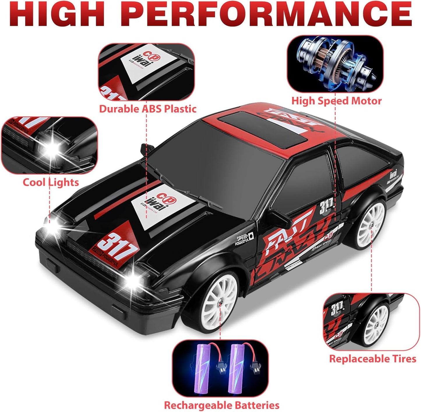 Remote Control Car 1/24 2.4GHz 4WD RC Drift Car, High Speed Drifting RC Cars with Cool Lights, Two Batteries and Extra Tires Toy Cars for Kids Boys Girls Adults, Black