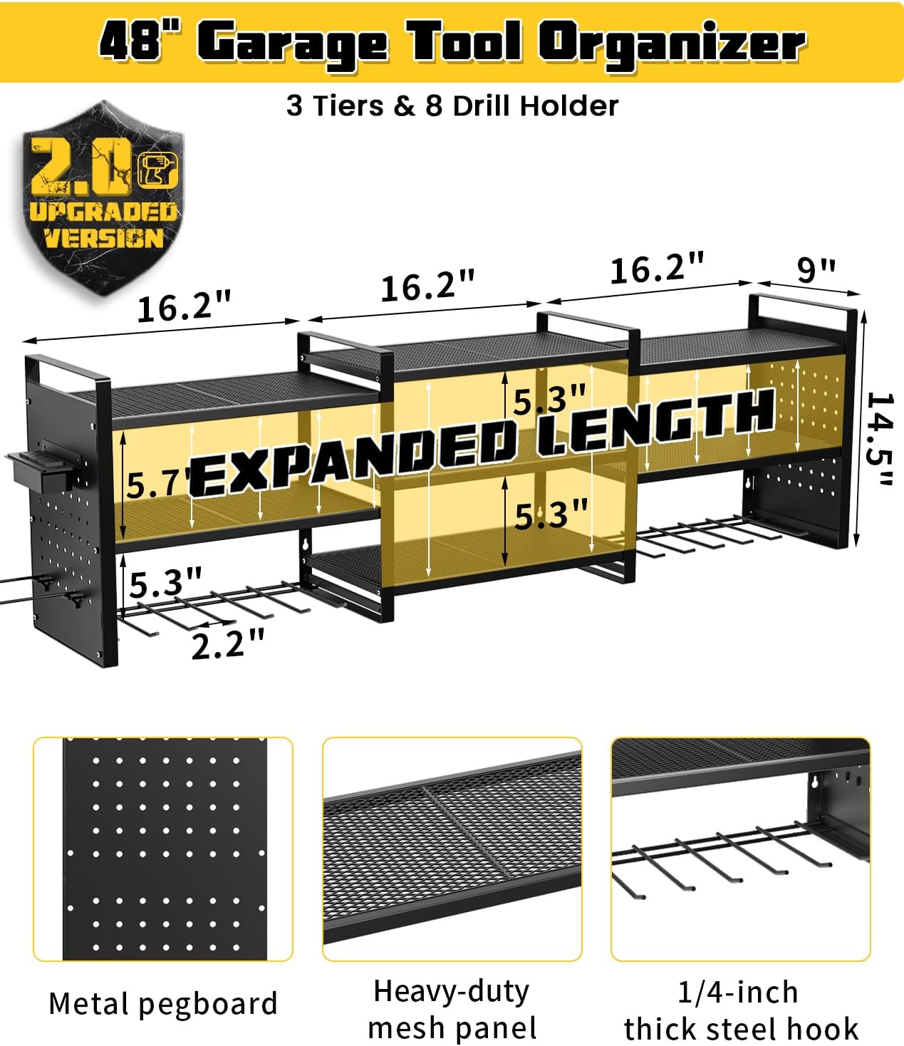 Heavy-Duty 48" Wall Mount Power Tool Organizer with Charging Station – 3-Tier Garage Organization Rack for Drills, Wrenches & Tools – Includes 16 Hooks & Pegboard Sides