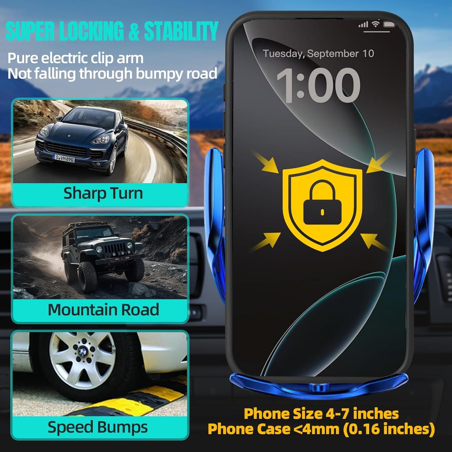 Wireless Car Charger, MAX 15W Fast Charging Auto Clamping, Sensing Phone Holder Mount, fit for iPhone 16 15 14 13 12 Pro Max Xs X, Samsung Galaxy S24 Ultra S23 S22 S21 S20 Note 20 (3-Blue)