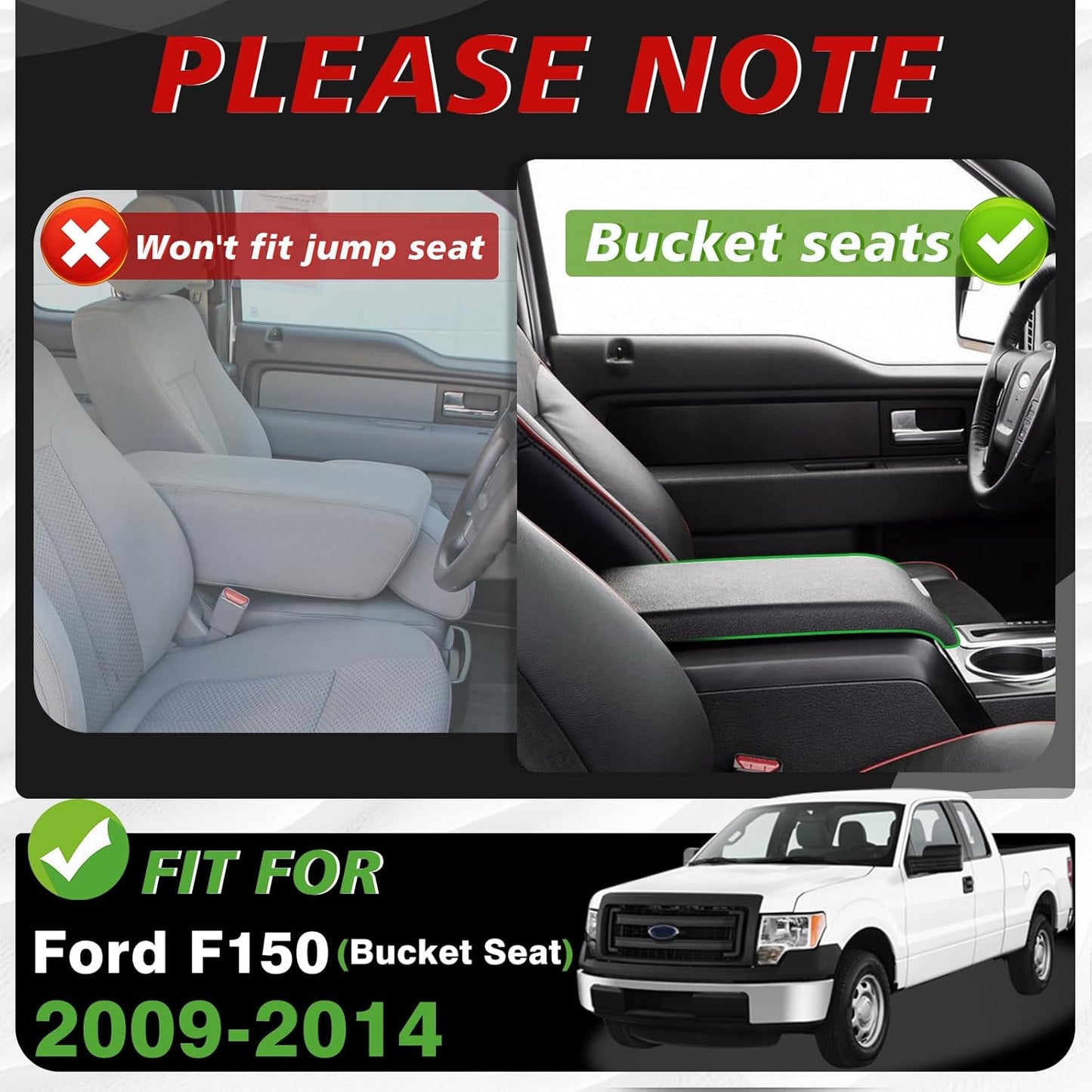 Muslogy Center Console Armrest Cover Compatible with Ford F-150 F150 2009-2014 Comfort Armrest Pad Arm Rest Cushion Vegan Leather Protector 1-Inch Extra Thick(Bucket Seat ONLY)