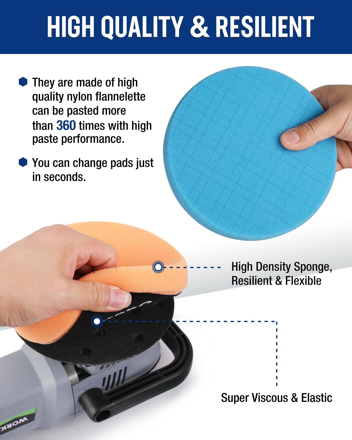 WORKPRO 6.5 Inch Buffing Sponge Pads, 5Pcs 6.5 Inch Face for 6.5 Inch Backing Plate, Cutting Polishing Pad Kit for Car Buffer Polisher Compounding, Polishing and Waxing