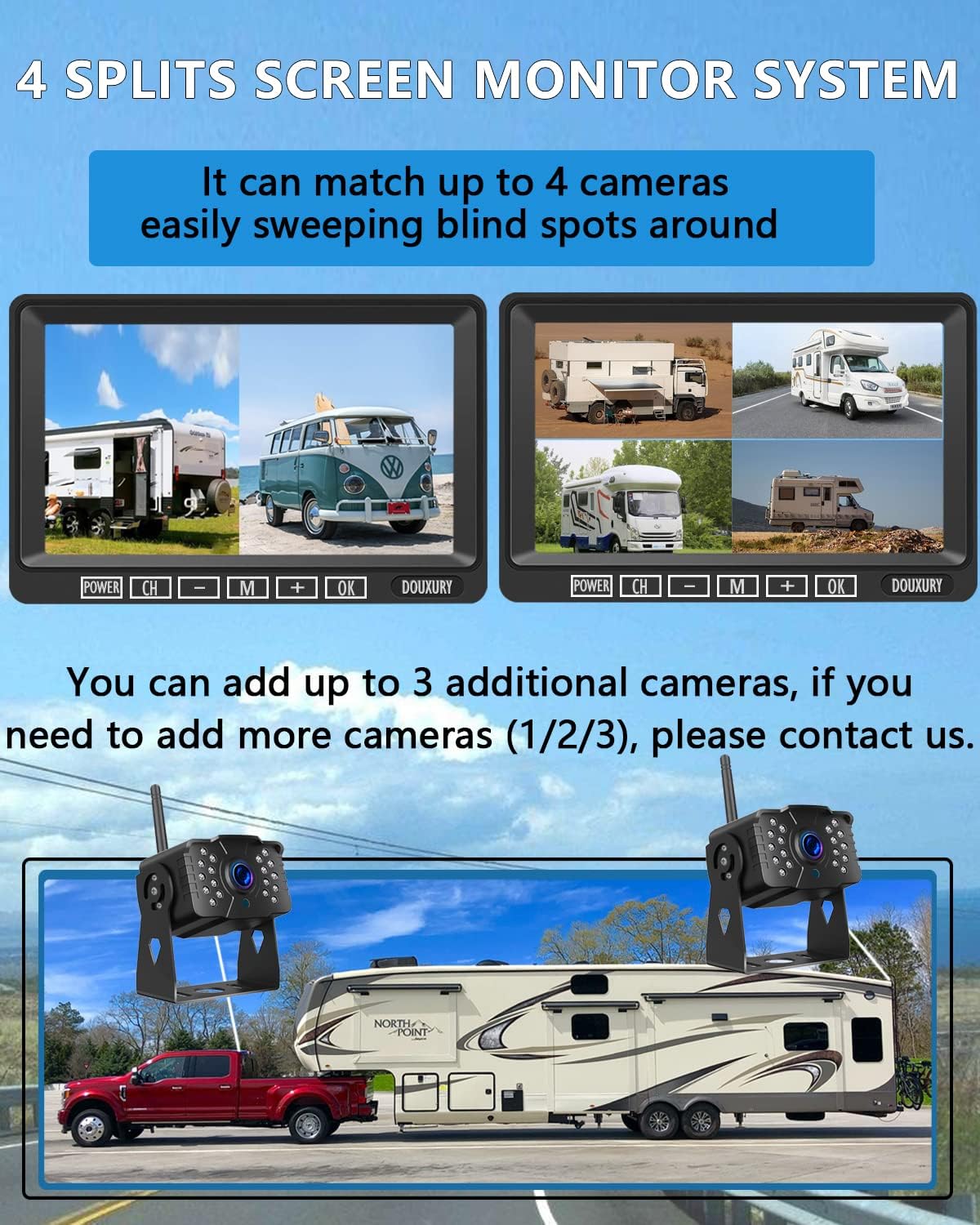 Wireless RV Backup Camera, DOUXURY IP69 Waterproof 170° Wide View Angle HD 1080P Rear View Camera + HD LCD 7" Monitor, Digital Wireless Camera System for RV Truck 5th Wheel Trailer Pickup Camper Bus