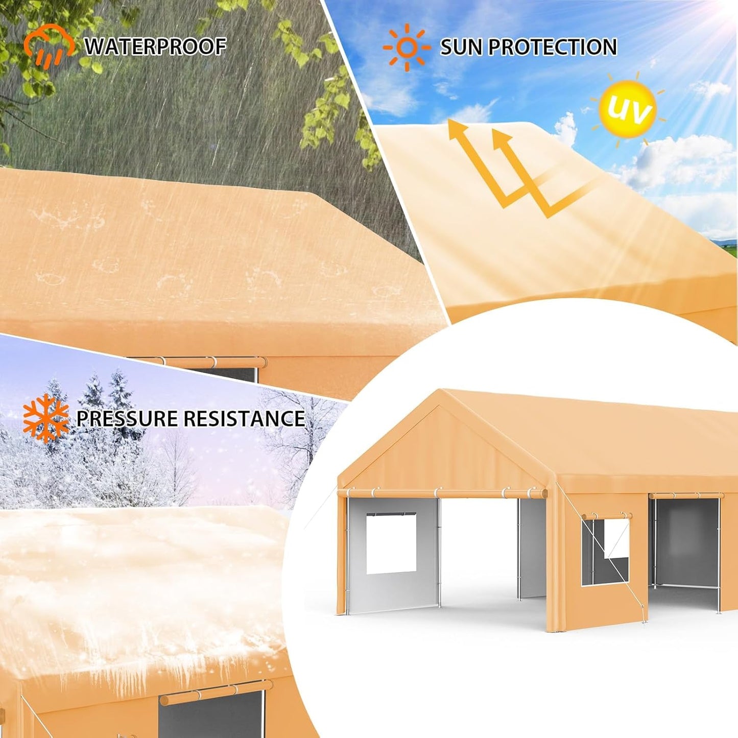 13x25 FT Heavy Duty Carport, Oversized Portable Garage with 4 Doors & 4 Windows, Reinforced Frame, All Weather Protection Outdoor Shelter Canopy for Cars, Boats, Trucks, BBQ and Outdoor Gatherings