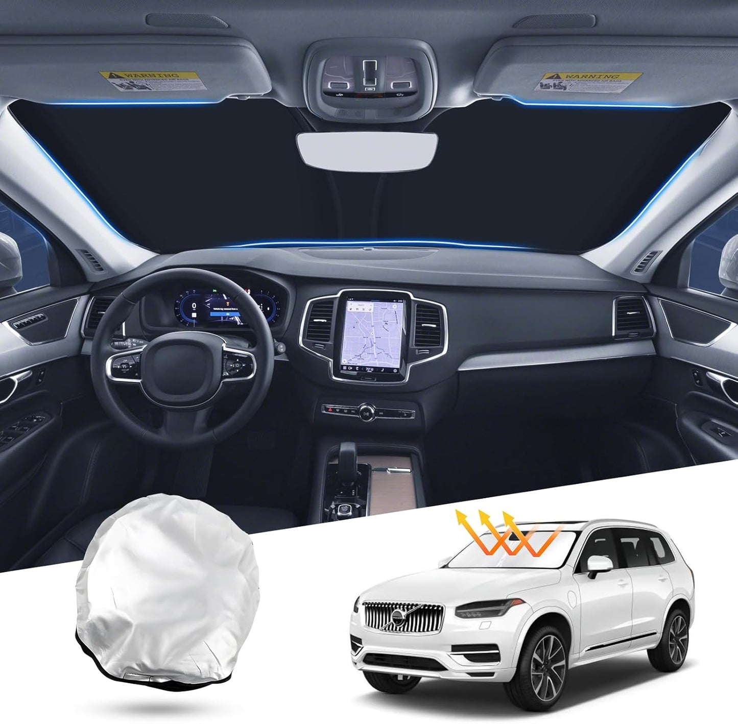 T TGBROS Compatible with 2015-2024 2025 Volvo XC90 Windshield Sun Shade Accessories Foldable Sun Shield Reflective Polyester Sun Visor Cover Block Heat and Sun Protection