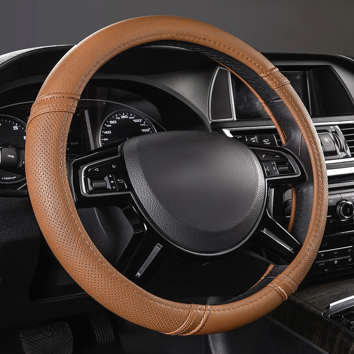 Car Pass Classical Leather Automotive Universal Steering Wheel Covers,Universal Fit for Suvs,Trucks,Sedans,Cars,Vans,14.5-15inch Anti-Slip Safety Comfortable Desgin(Brown)