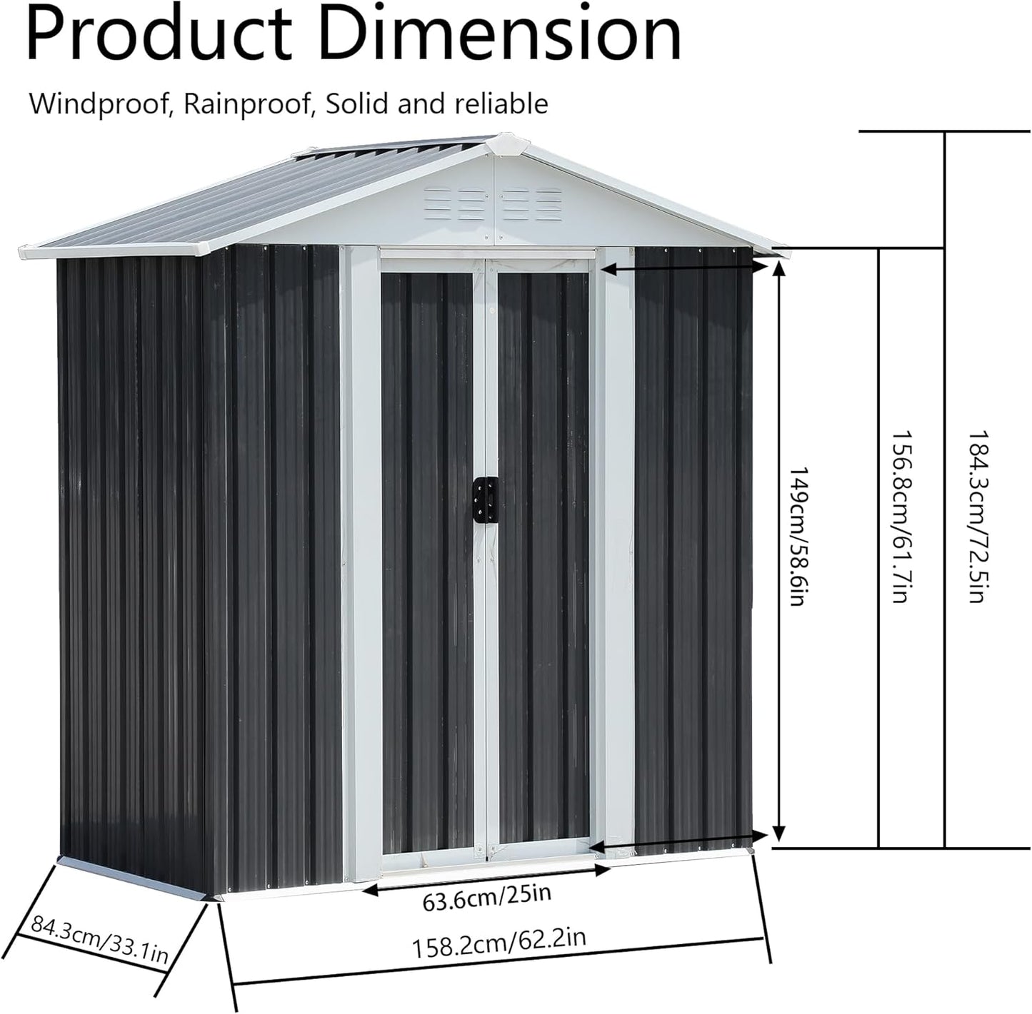 5x3 FT Outdoor Storage Shed, Metal Garden Shed with Frame Floor, Small Outside Tool Shed with Lockable Sliding Doors & 4 Air Vents, Waterproof Storage Building for Backyard, Patio, Lawn, Gray