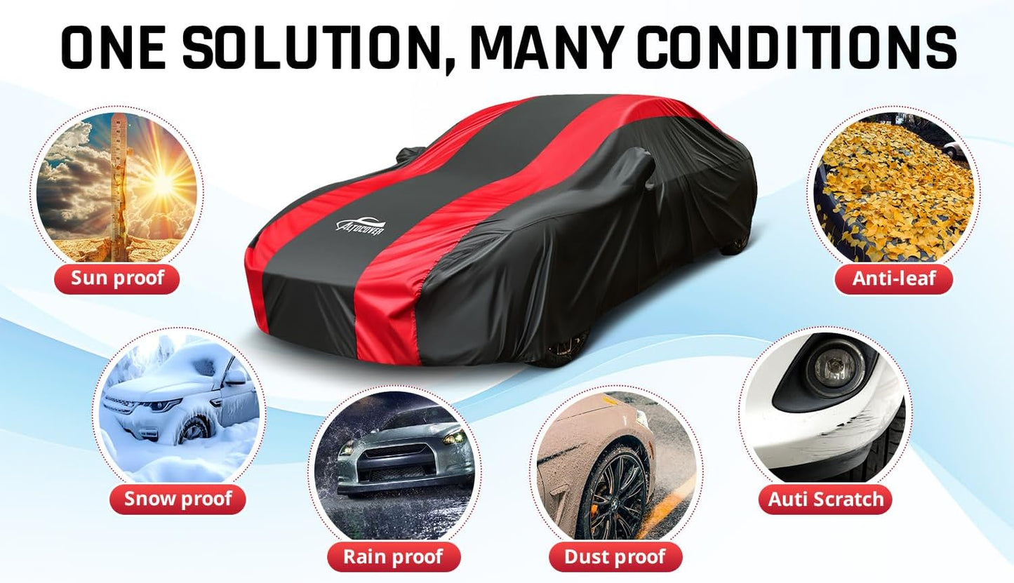 Waterproof Car Cover with Red Stripe Design,Outdoor/Indoor Car Cover for Automobiles All Weather Waterproof Universal Fit Audi A8L, Lexus LS500, Jaguar XJ,Benz S-Class