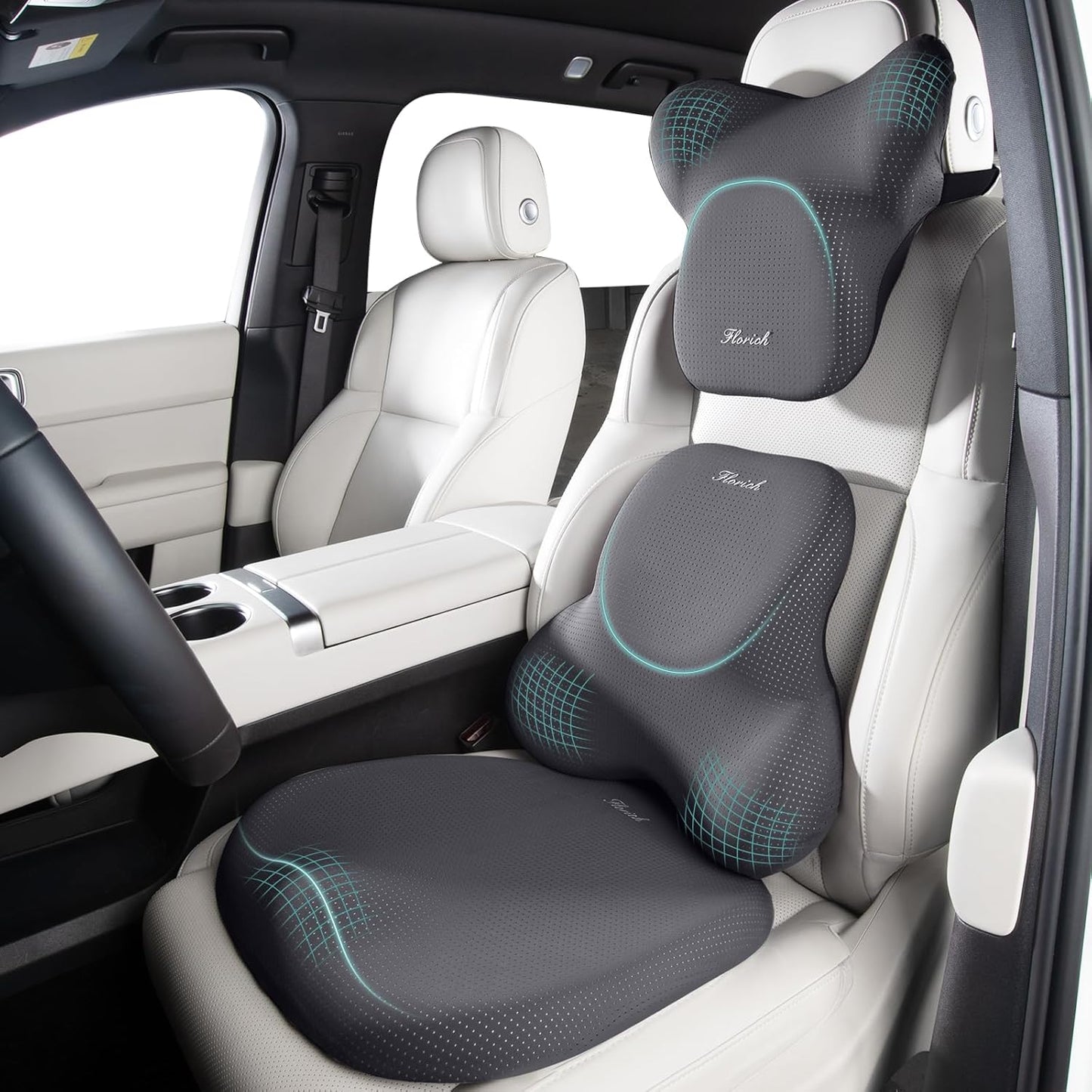 FLORICH Car Seat Cushion and Lumbar Support Pillow for Office Chair Car, Neck Headrest Pillow, Ergonomic Memory Foam, Pressure-Relieving Back Support for Car, Office Chair & Wheelchair – Gray