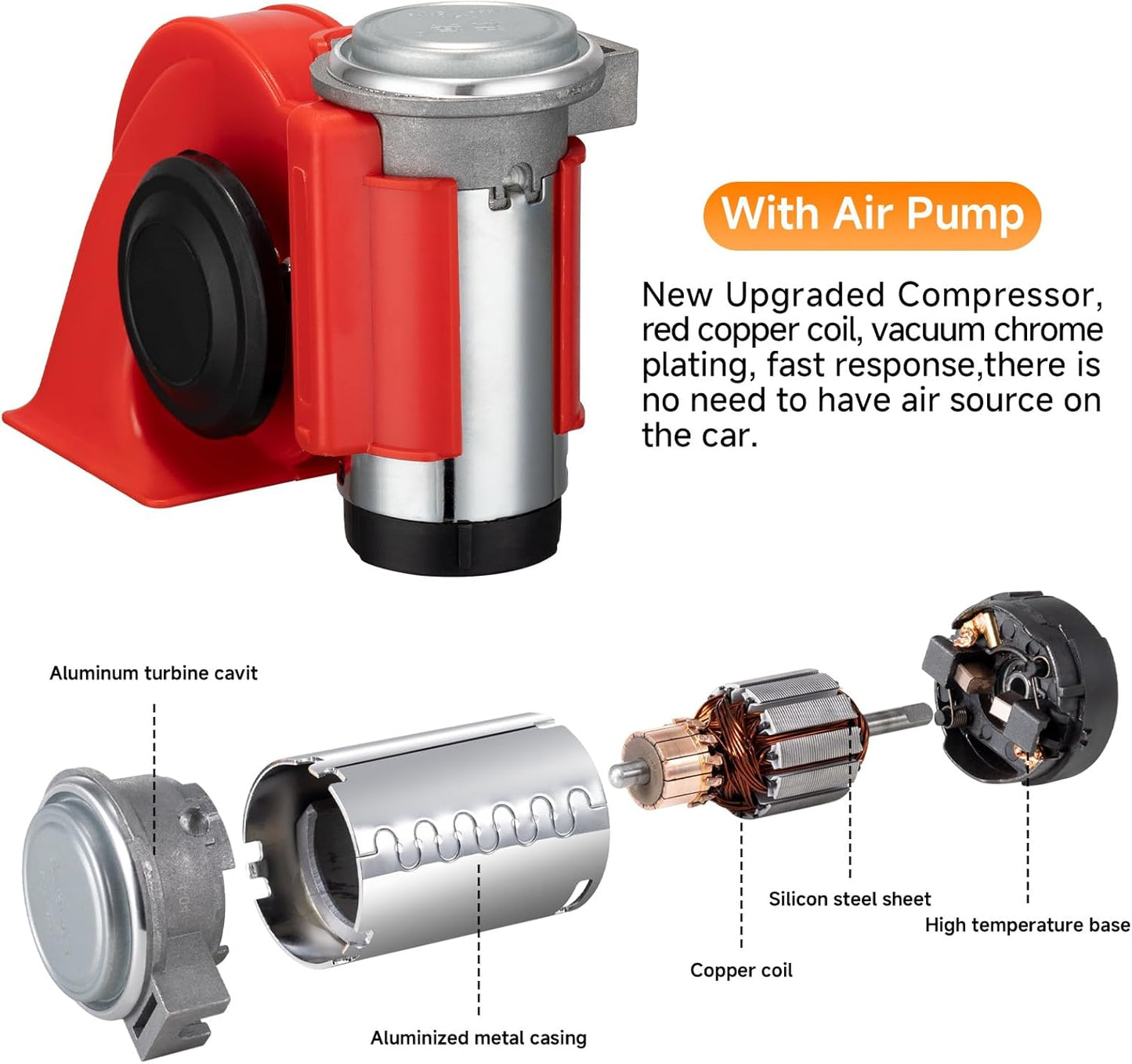 Train Horns kit for trucks,Air Horn for Motorcycle,Train Sound Car Horn Kit 12V Super Loud Electric Bull Horn(red horn with wire, 12v)