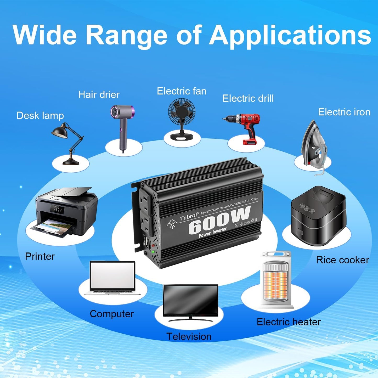 600W Power Inverter DC 12V to AC(2 Outlets) 110V Car Charger Plug Inverter Adapter Converter with 4.2A Dual USB Charging Ports for RV Camping Travel