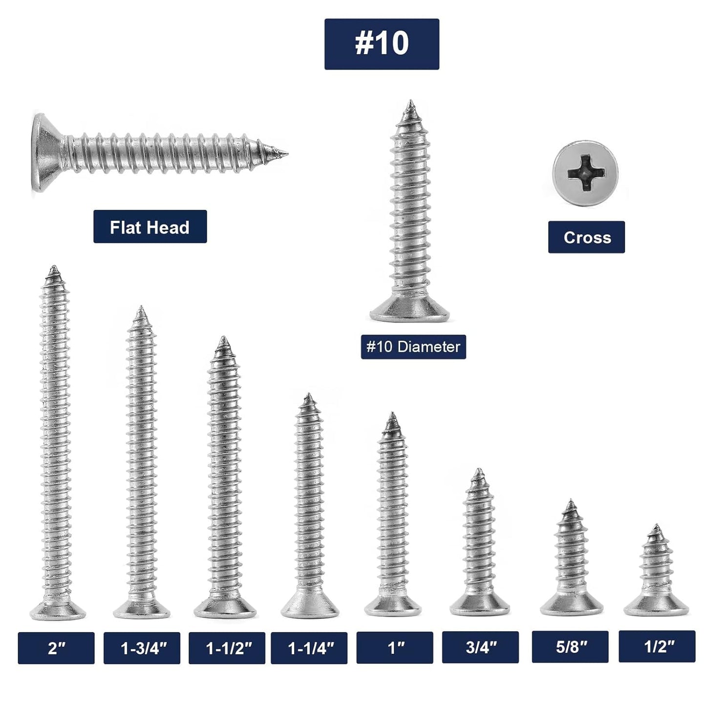 #10 x 1/2" Wood Screw 100Pcs 18-8 (304) Stainless Steel Screws Flat Head Phillips Fast Self Tapping Drywall Screws by SG TZH