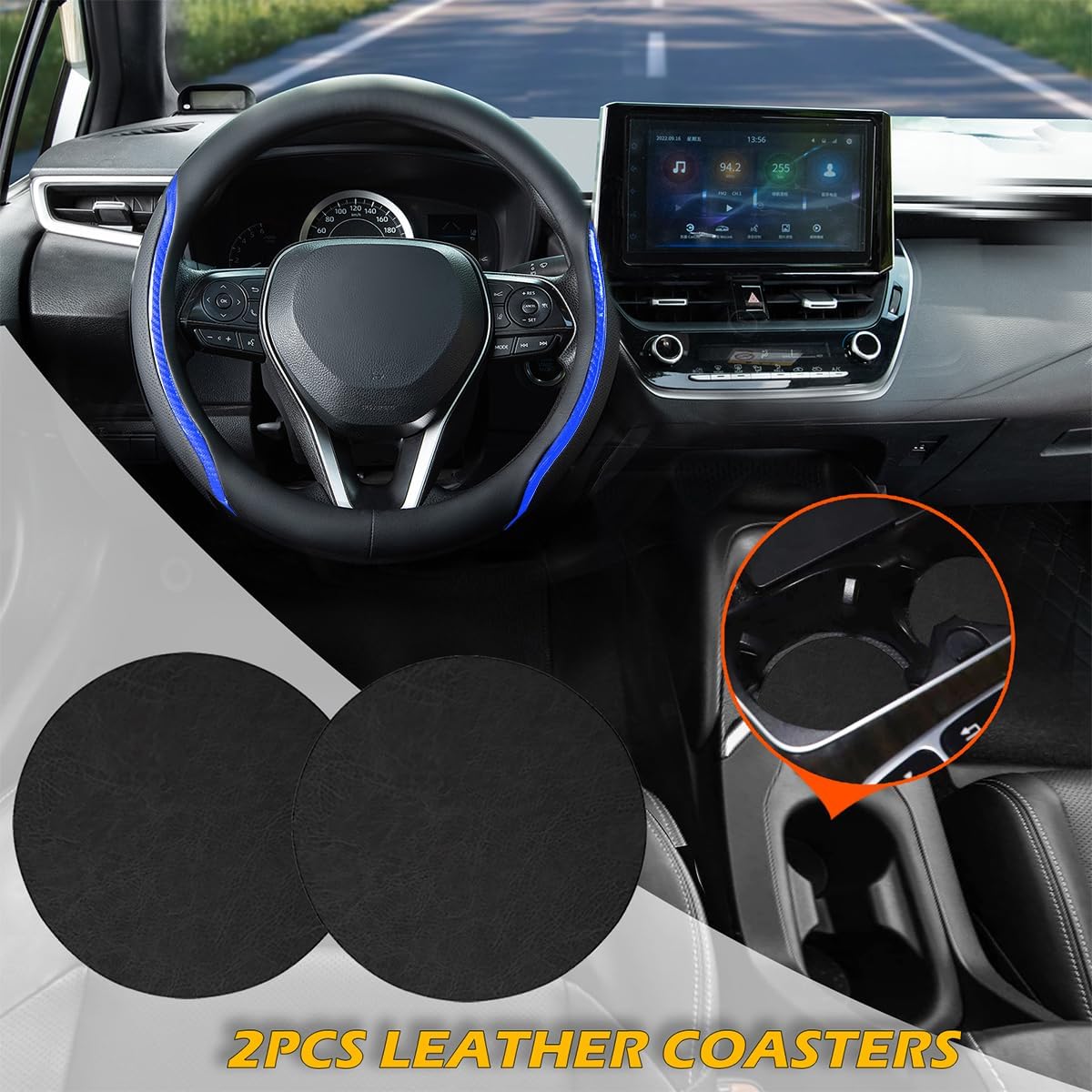 Steering Wheel Cover Blue, Carbon Fiber Car Steering Wheel Covers with Coasters Universal 14.5-15 inch Leather Microfiber Breathable Anti-Slip Steering Wheel Accessories Set