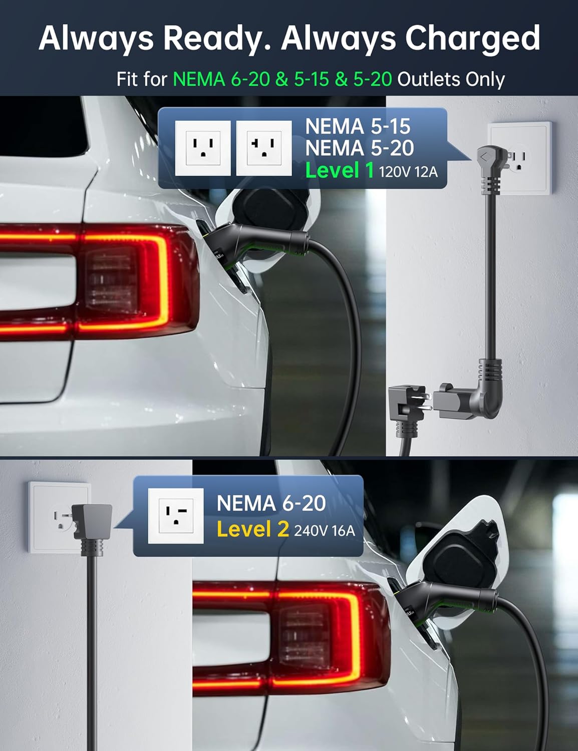 Raylix 16A Level 1&2 EV Charger, 110V-240V Electric Car Charger with 21ft Cable [Adjustable Current & Delay Charging] Portable EV Chargers for All SAE J1772, Nema 6-20 & Nema 5-15 Plug, Accessories