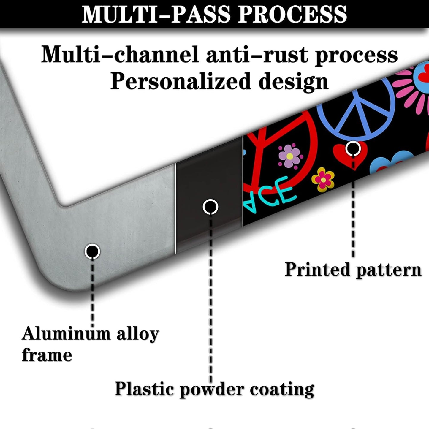 Car License Plate Frame Multicolor License Plate Frames Hippies Peace Flower Aluminum Metal Car Accessory 2 Pack with Screw Covers Set
