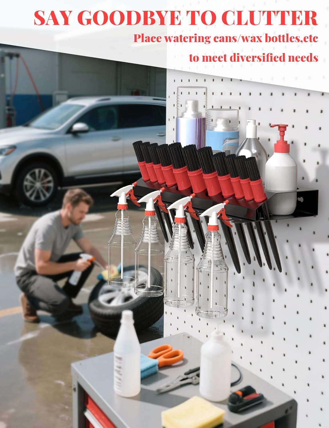 Spray Bottle Storage Rack, Wall Mount Bottle Organizer Car Detailing, Detailing Brush Organizer, Car Beauty Shop Accessory Display, 3/8" Air Tool Holder for Garage and Workspace, 2Pcs, Black