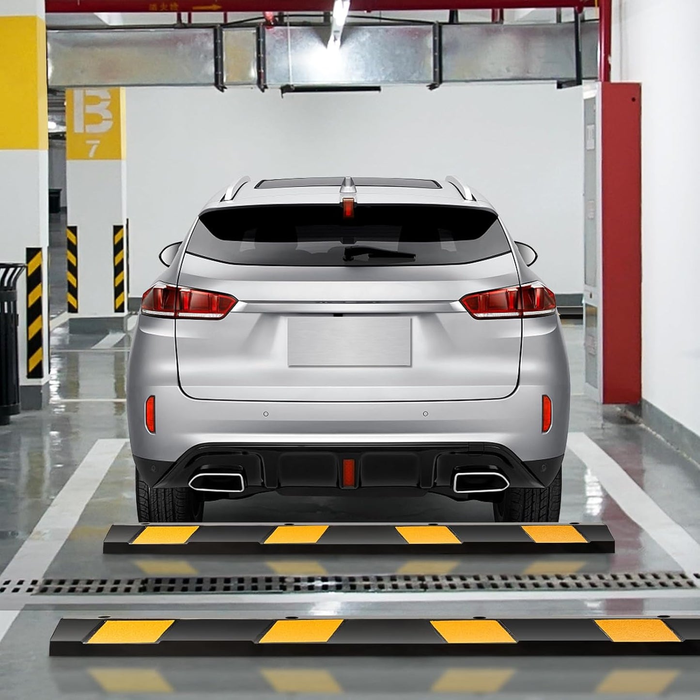 Rubber Parking Curb Garage Floor Stopper, 72" Heavy Duty Parking Lot Stopper with Yellow Reflective Stripes, Guide Wheel Stopper for Car, Truck, RV, Trailer, Driveway (1 Pack