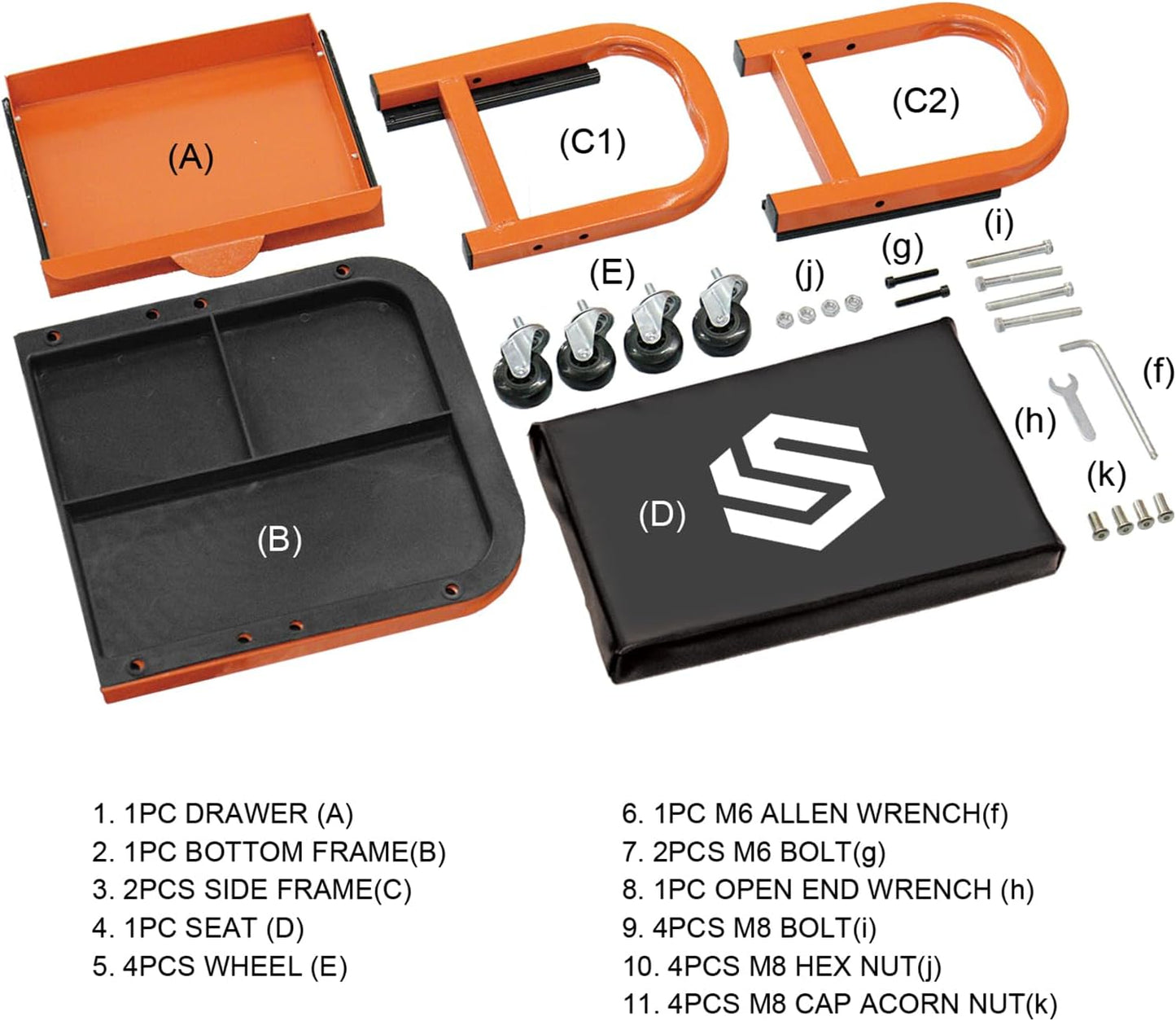 SEKAM Rolling Creeper Garage/Shop Seat, 250 LBS Capacity Padded Rolling Workshop Stool with Tool Tray Storage, Mechanic Stool for Garage, Shop, Auto Repair, Orange