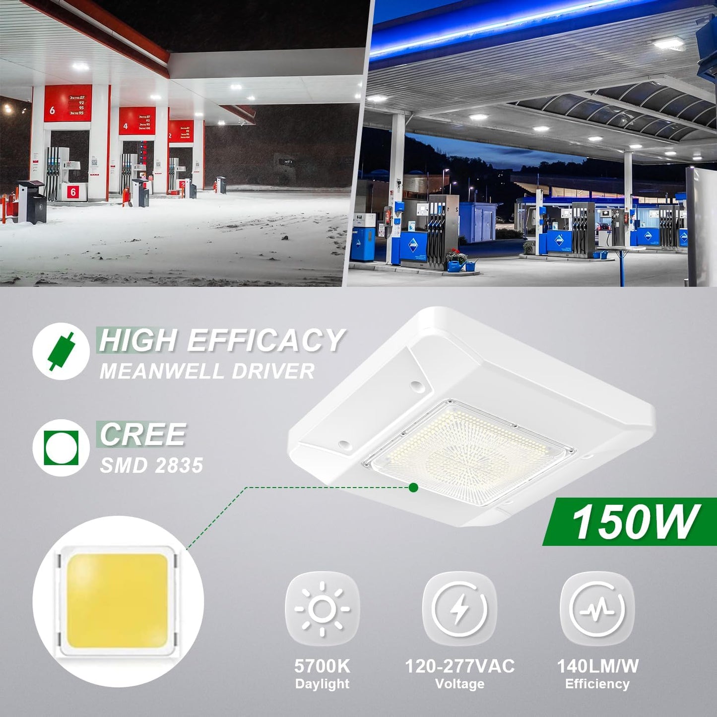 OSTEK LED Gas Station Canopy Light, 150W Carport Ceiling Light 5700K, Outdoor Rated (600W HID/HPS Equivalent), 90-277V IP65 DLC & UL Listed (150W-1 Pack)