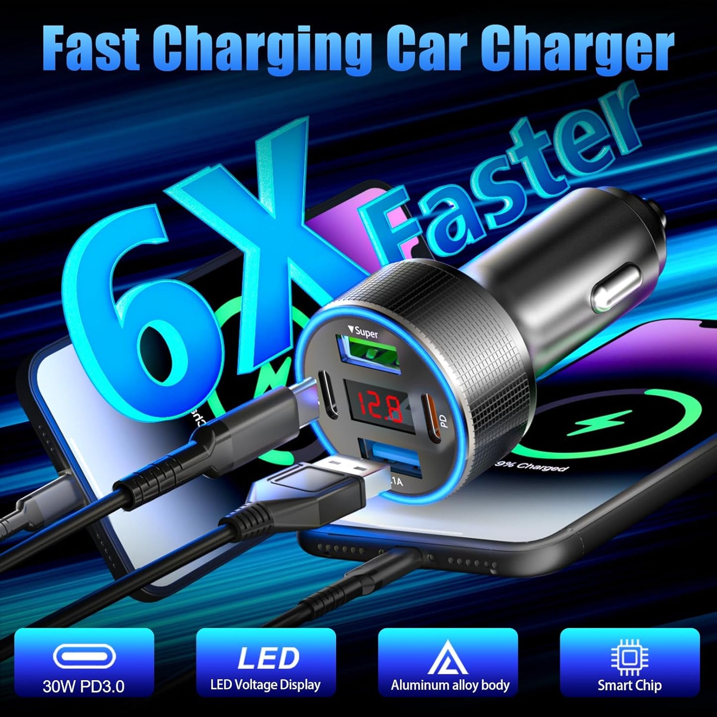 Car Charger with USB C Cable, 78W 4 Port Car Phone Charger Adapter Fast Charging, Dual USB C Car USB Adapter for iPhone 16 15 14 13 12, iPad, Samsung Glaxy, Android (Black & Cable)