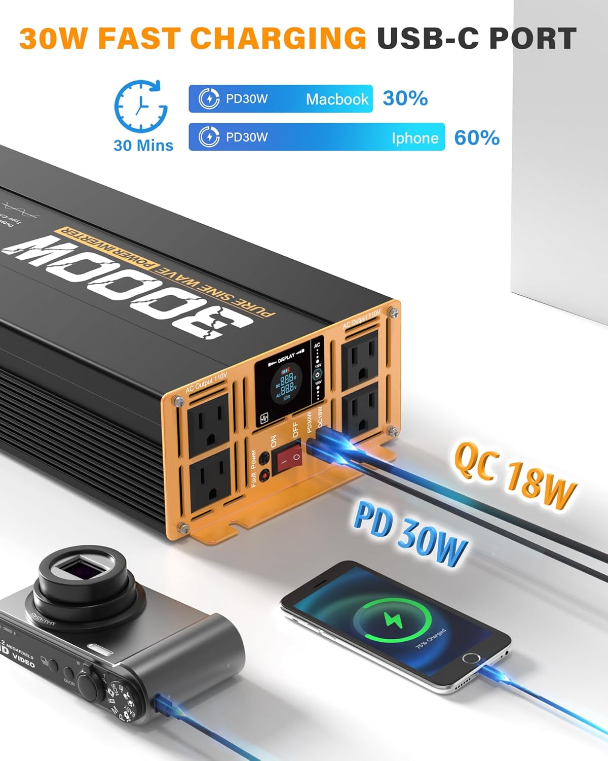 3000W Pure Sine Wave Inverter 12V DC to 110V 120V AC Converter for RV Truck Home Off-Grid Solar Power Inverter with Type-C PD30W/USB Port QC3.0 Quick Charging, 4 AC Outlets, Remote Control