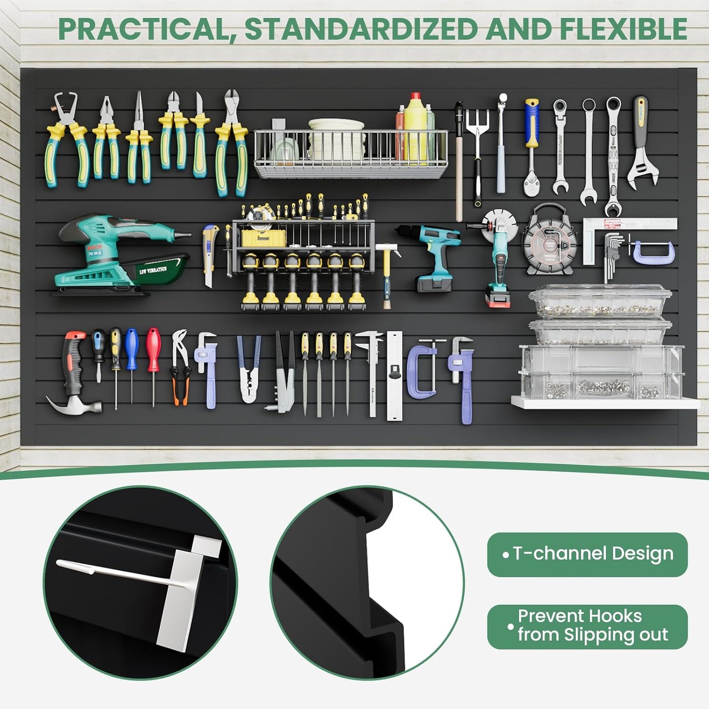 Slatwall Panel Wall Storage Systems, 4x8 ft Slat Wall Paneling Garage Wall Organizer with Five Hooks, Heavy Duty Wall Mounted PVC Wall Rack, Black