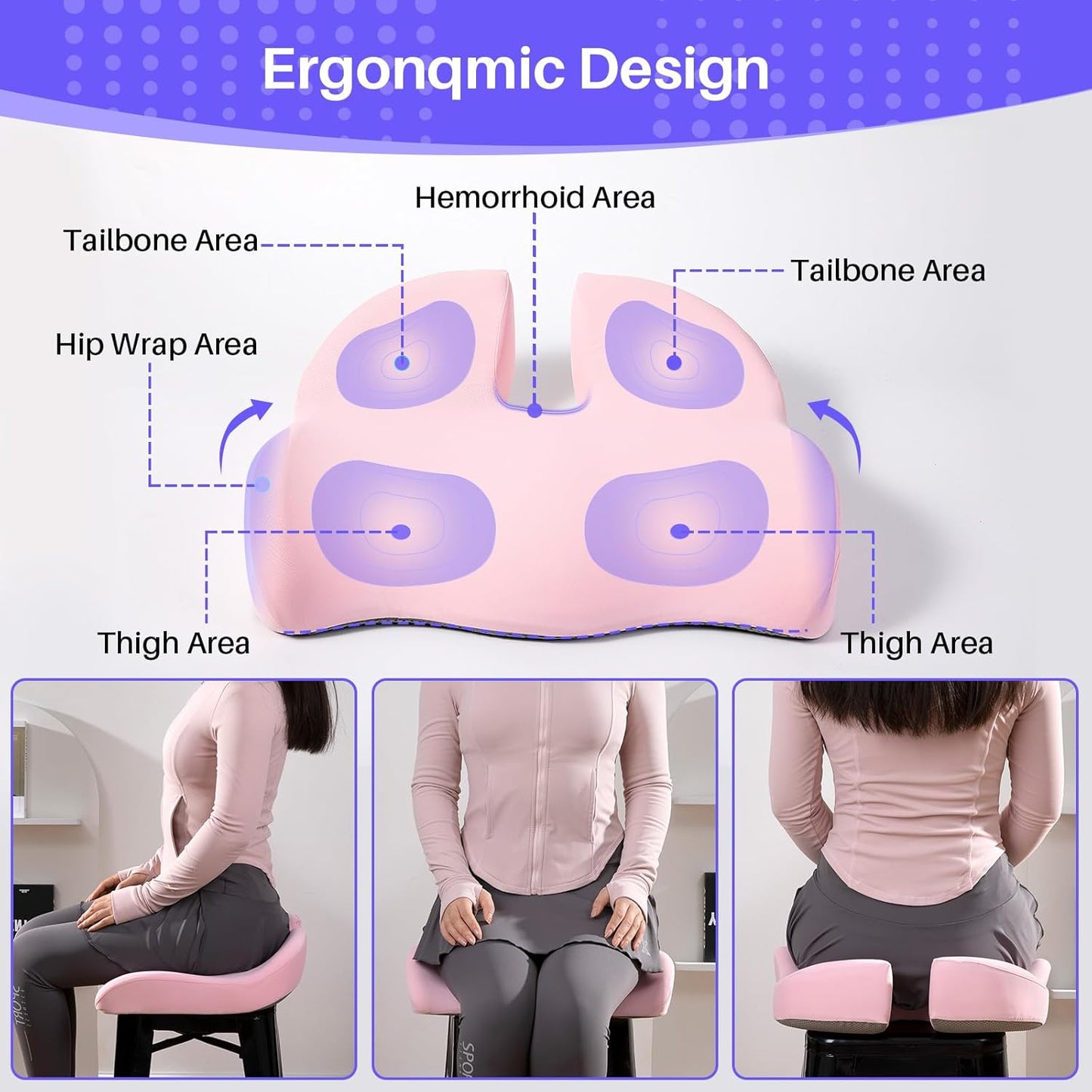 Seat Cushion for Office Chair, Large Thick Seat Cushion for Tailbone Pain Relief, Sciatica & Back Support, Memory Foam Office Chair Cushion for Long Sitting, Coccyx Cushion for Car, Wheelchair (Pink)