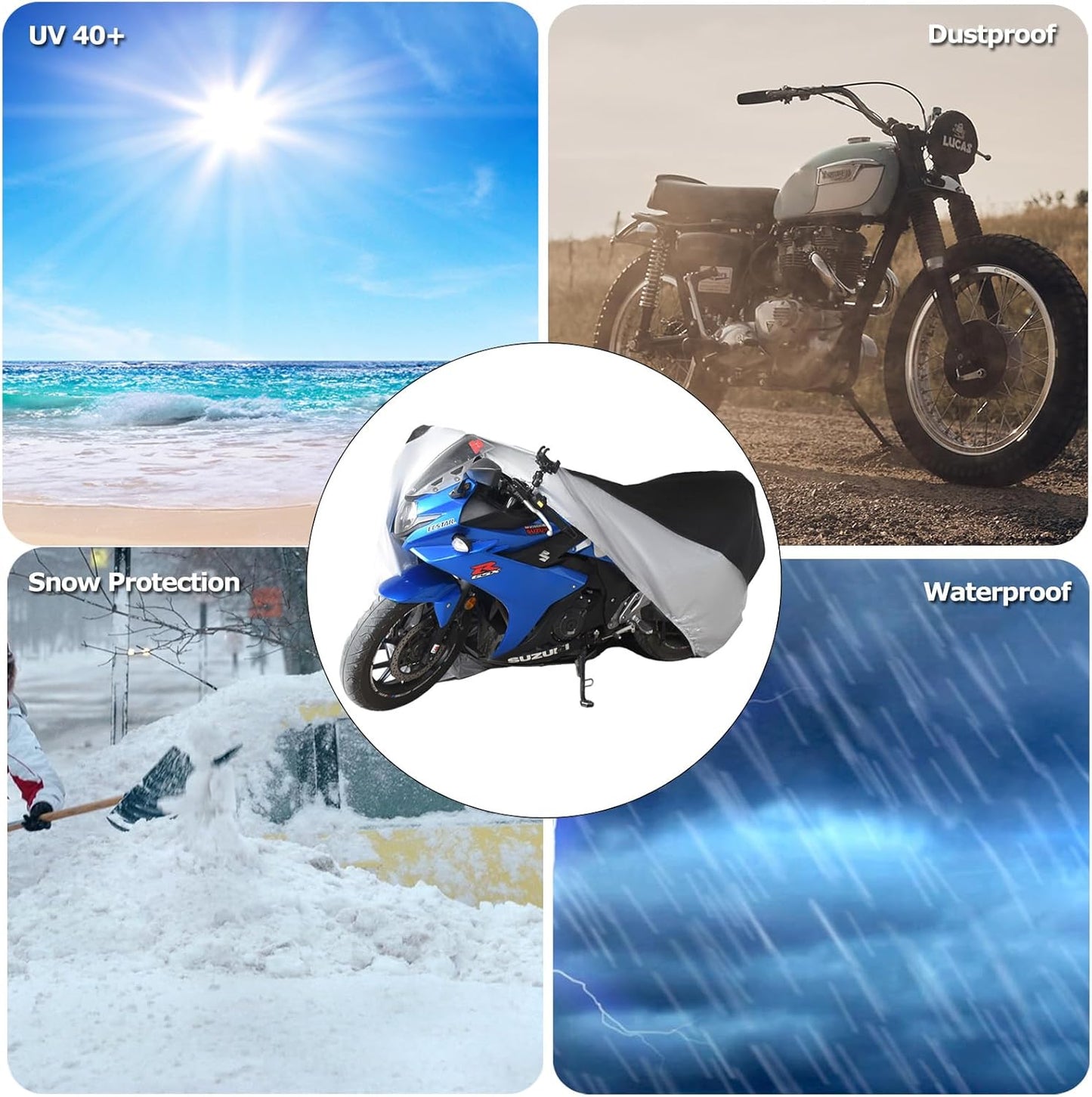 Motorcycle Cover All Season Waterproof Breathable Sun Outdoor Protection Three Reflective Tape with Lock-Holes & Storage Bag Bike Scooter Cover Universal (Silver and Black, 104''*41''*50'')