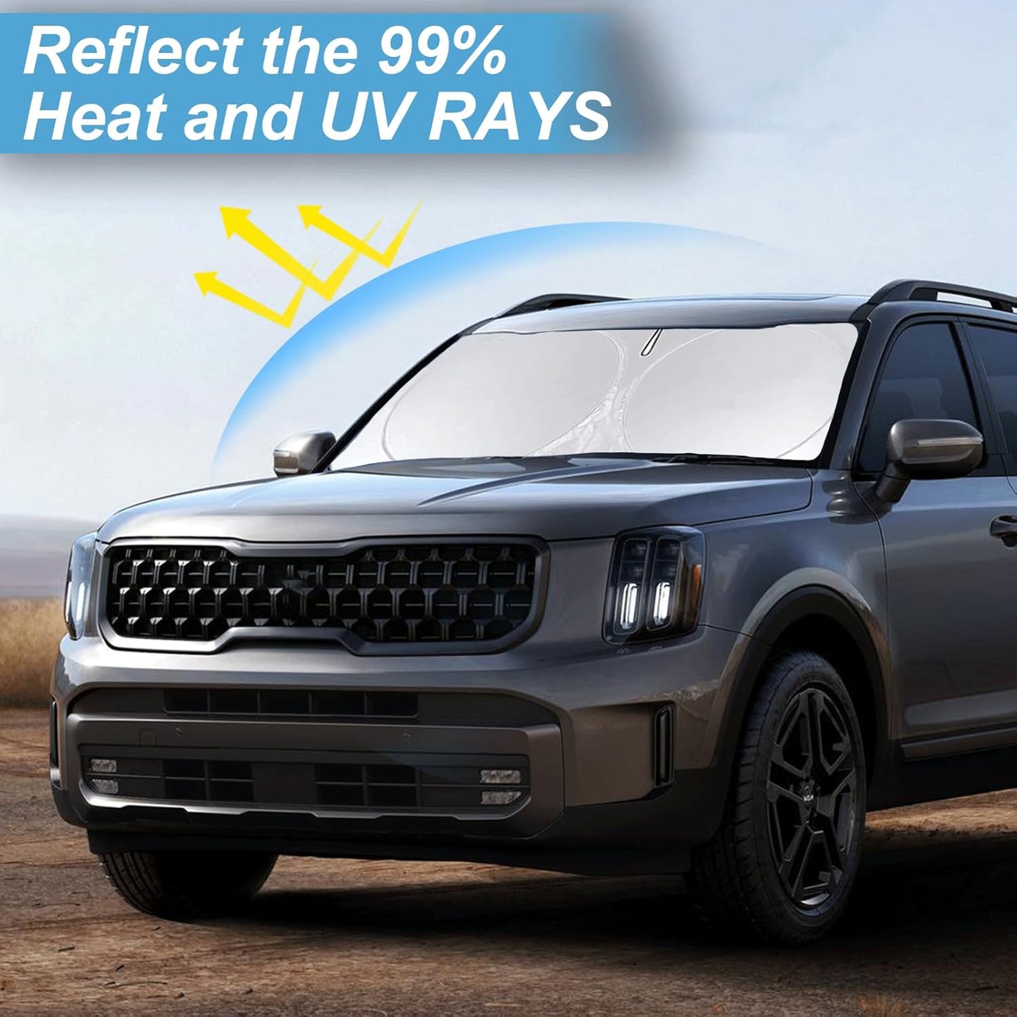 Custom Fit Telluride Windshield Sunshade for Kia Telluride 2020-2025 Front Window Shades Cover for Windshield Sun Visor Protector 210T Reflector Block Heat and Sun Protection Cooler Car Accessories